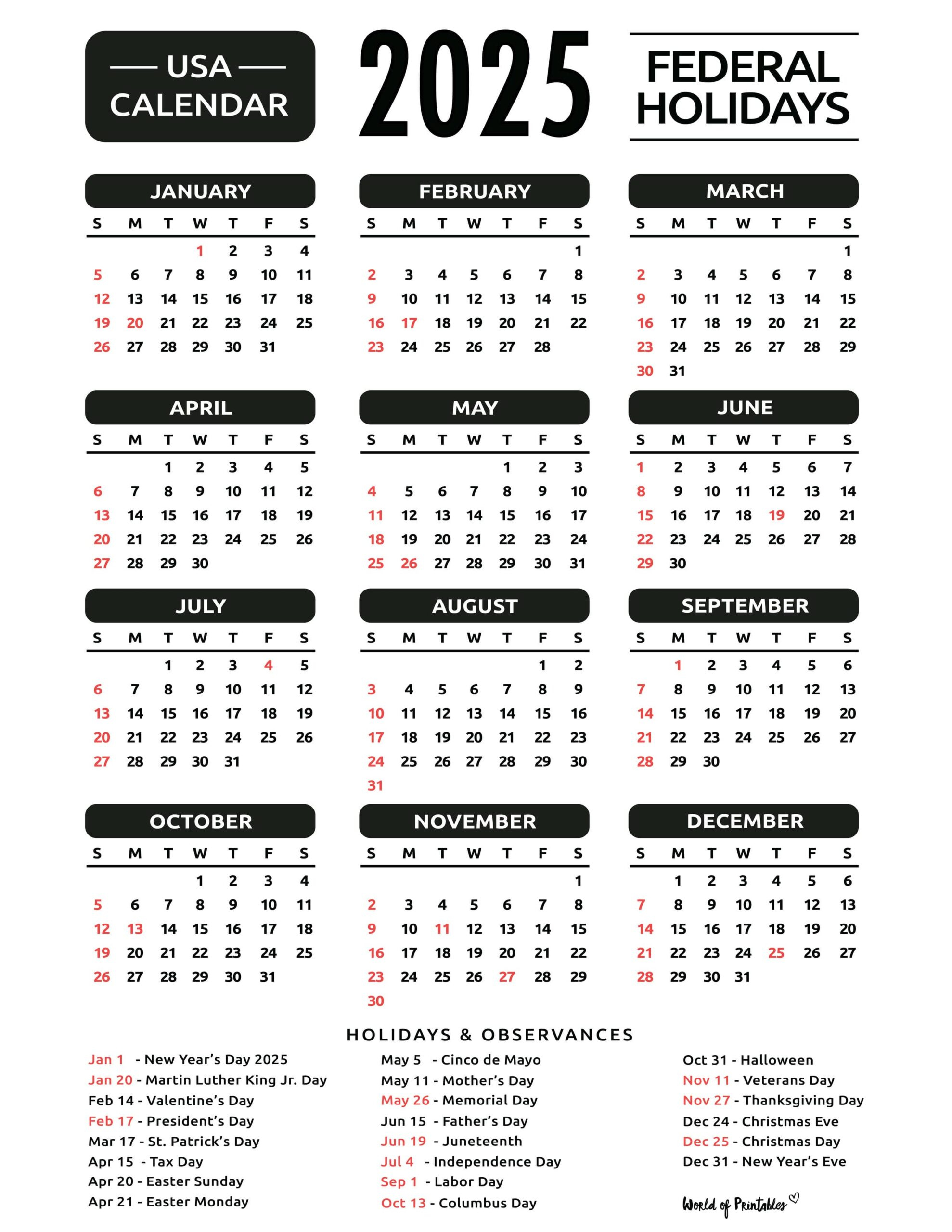 2025 Calendar With Holidays - Free Printables In 28 Unique Styles with 2025 United States Government Calendar Printable