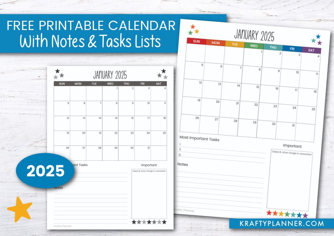 2025 Calendar With Notes And Task Lists — Krafty Planner inside 2025 Calendar with Notes Printable