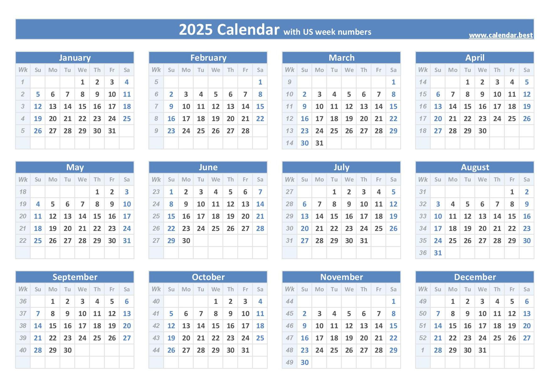 2025 Calendar With Week Numbers (Us And Iso Week Numbers) throughout 2025 Calendar Weekly Printable