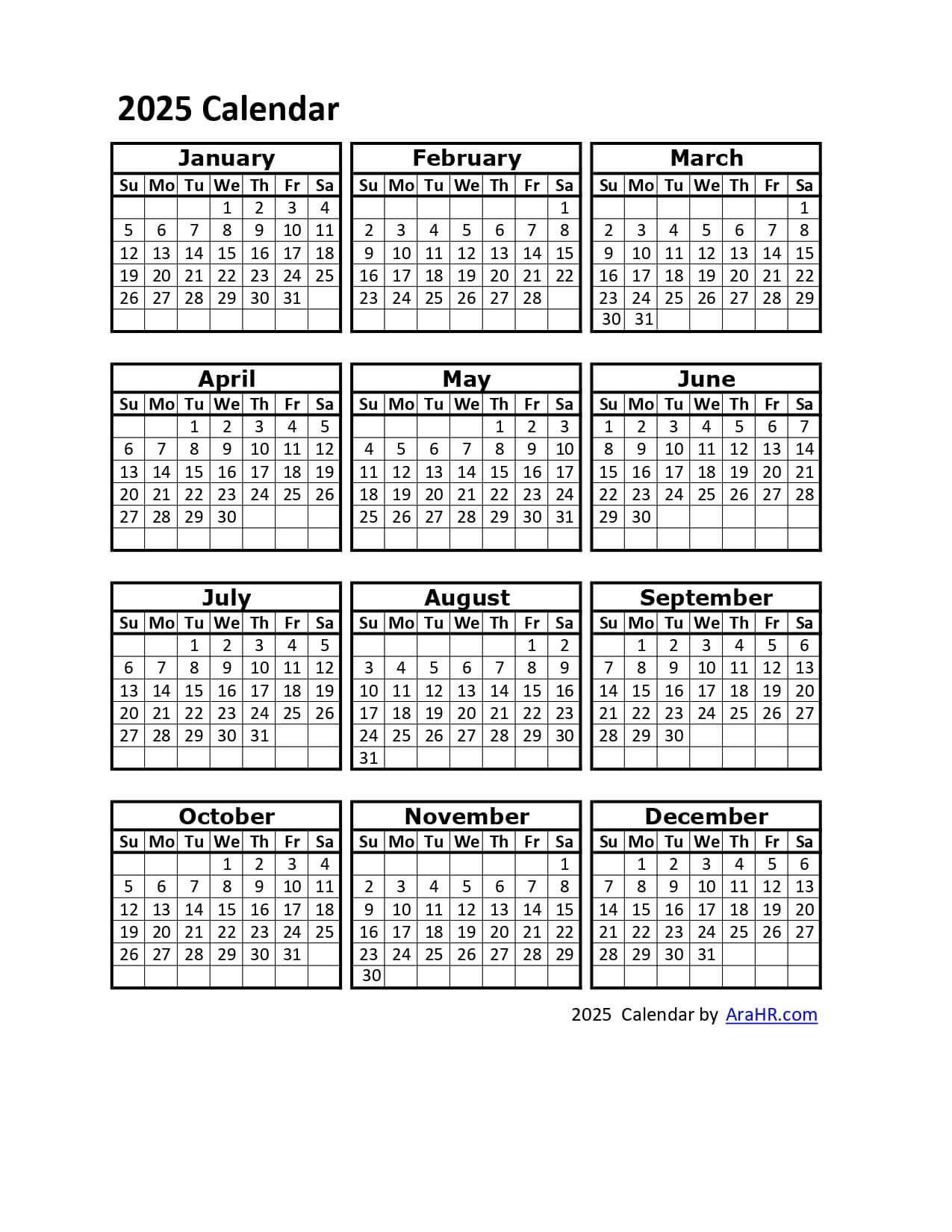 2025 Calendar - Yearly - Monthly - Free - Printable - Template intended for 2025 Employee Attendance Calendar Printable Free Download