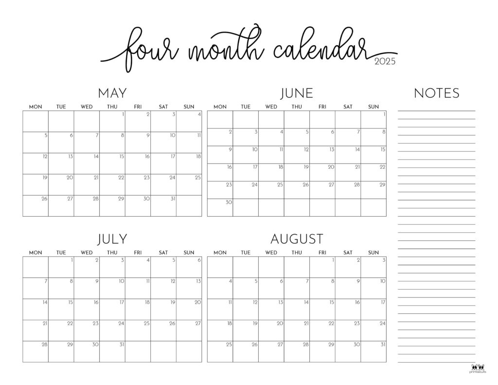 2025 Four Month Calendars - 31 Free Printables | Printabulls throughout Printable Calendar March April May 2025