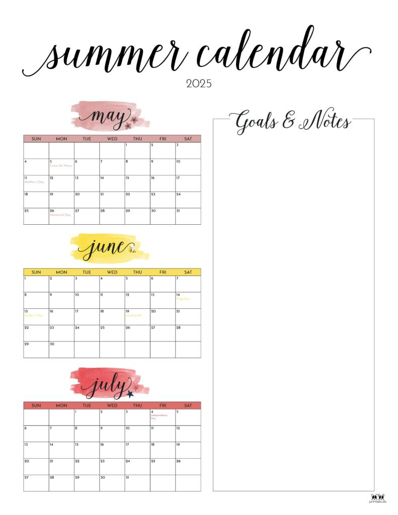 2025 Summer Calendars - 27 Free Printables | Printabulls pertaining to Summer Calendar Printable 2025