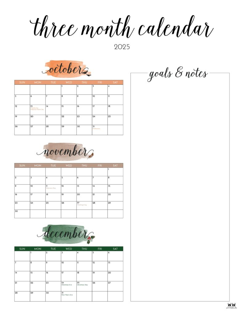 2025 Three Month/Quarterly Calendars - 36 Free Cals | Printabulls for Free Printable 2025 Quarterly Calendar