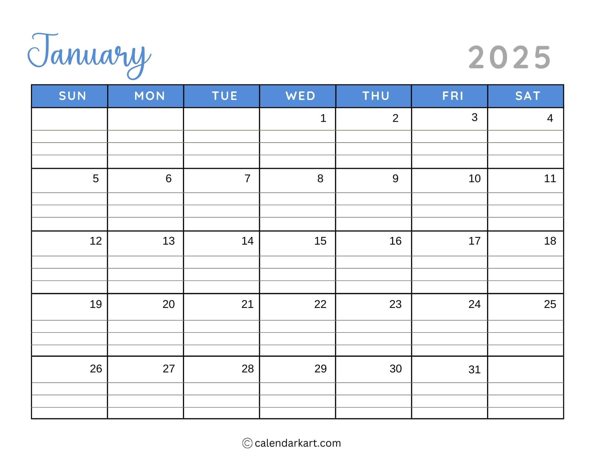 40+ Printable January 2025 Calendars | Free Pdf | Calendarkart intended for Printable Monthly Calendar 2025 with Lines