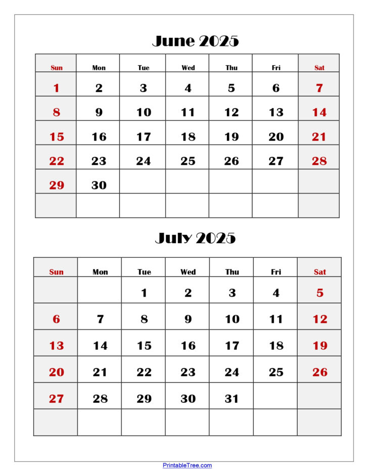 June July 2025 Calendar Printable