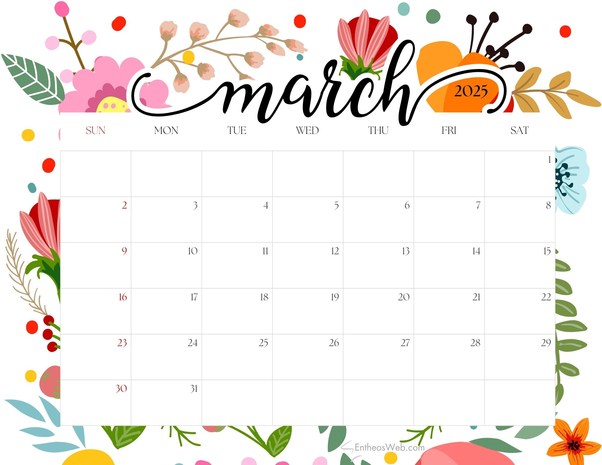 March 2025 Calendar Free Pdf Printables | Entheosweb with regard to Cute March 2025 Calendar Printable