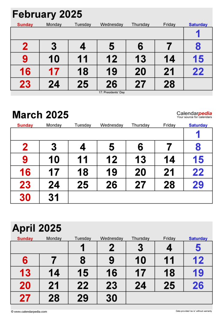 Feb March April 2025 Calendar Printable