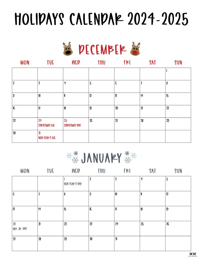 November December 2024 Calendars - 28 Printables | Printabulls with December 2024 And January 2025 Calendar Printable