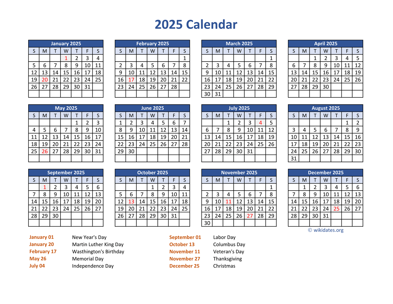 Pdf Calendar 2025 With Federal Holidays | Wikidates within 2025 Calendar With Federal Holidays Printable Free