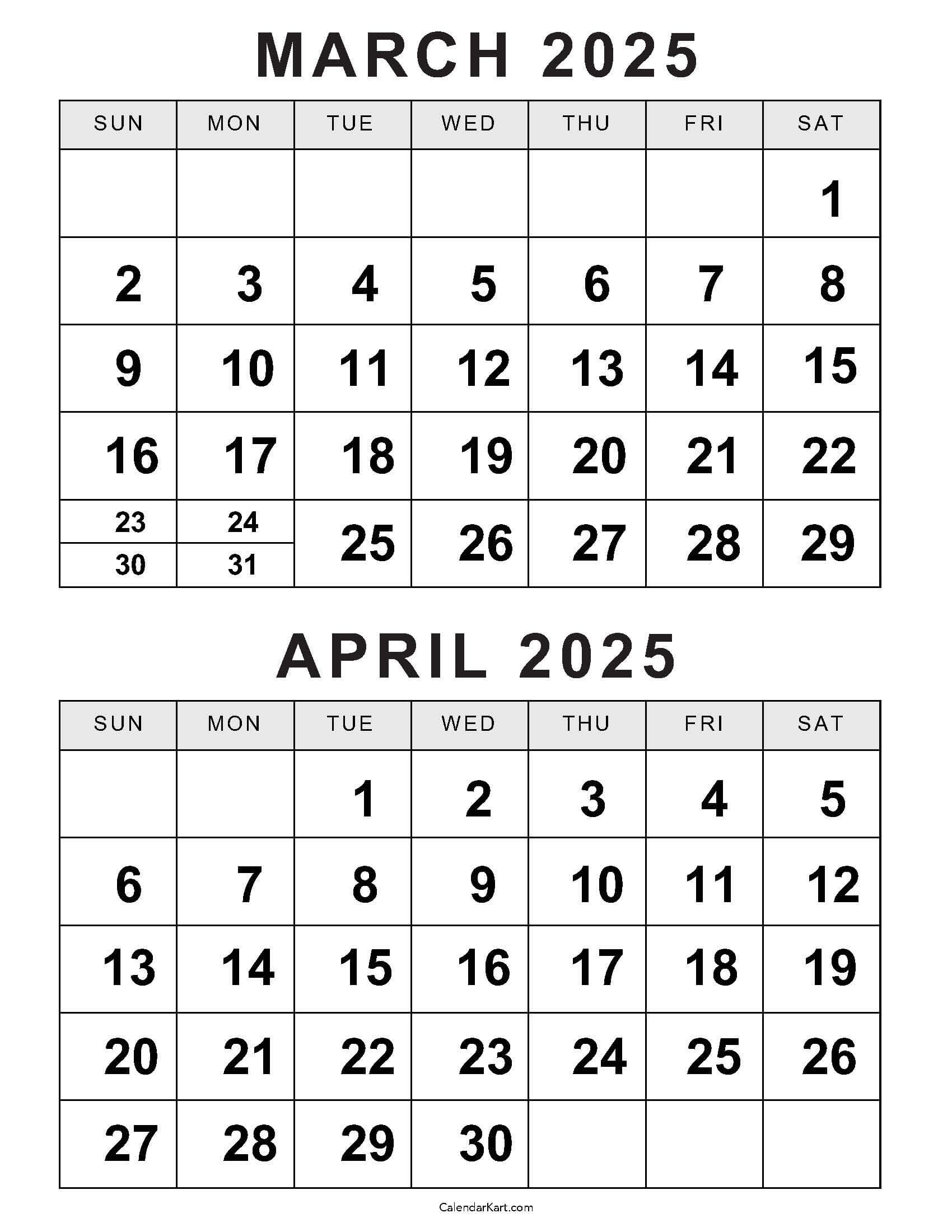 Printable March April 2025 Calendar | Calendarkart inside March and April 2025 Calendar Printable