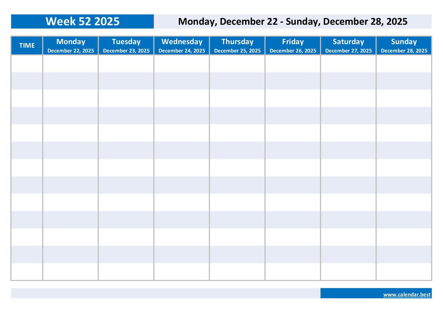 Week 52 2025: Dates, Calendar And Weekly Schedule To Print within 52 Week Calendar 2025 Printable