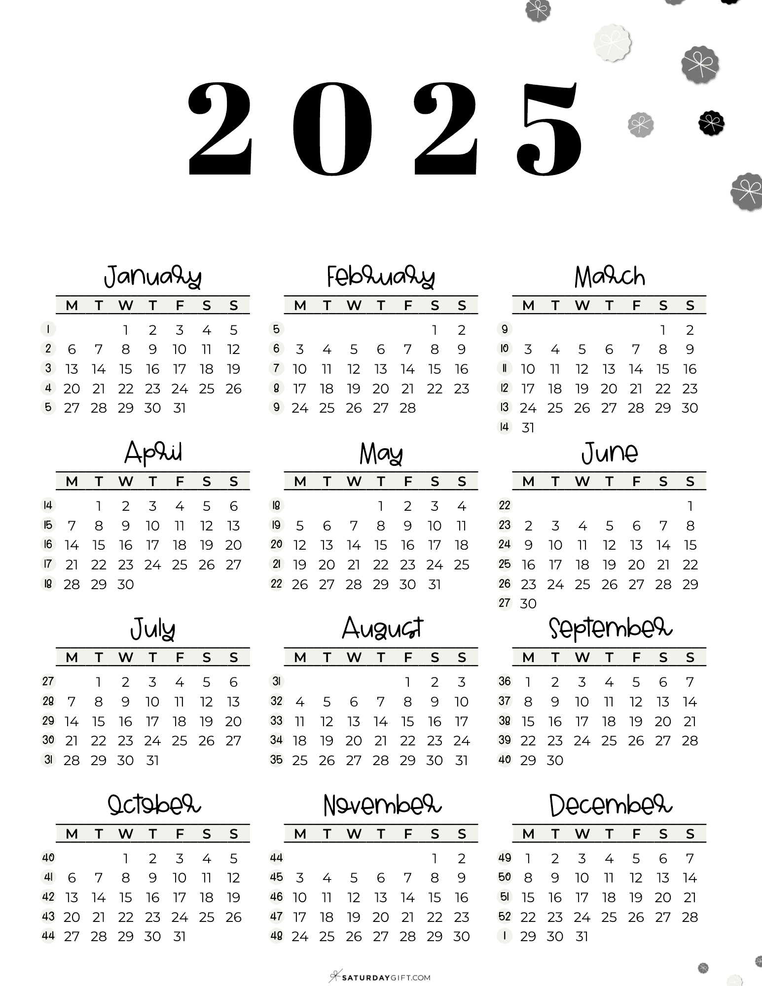 Week Numbers For 2025 - What Week Is It? | Saturdaygift in 2025 Calendar with Week Numbers Printable