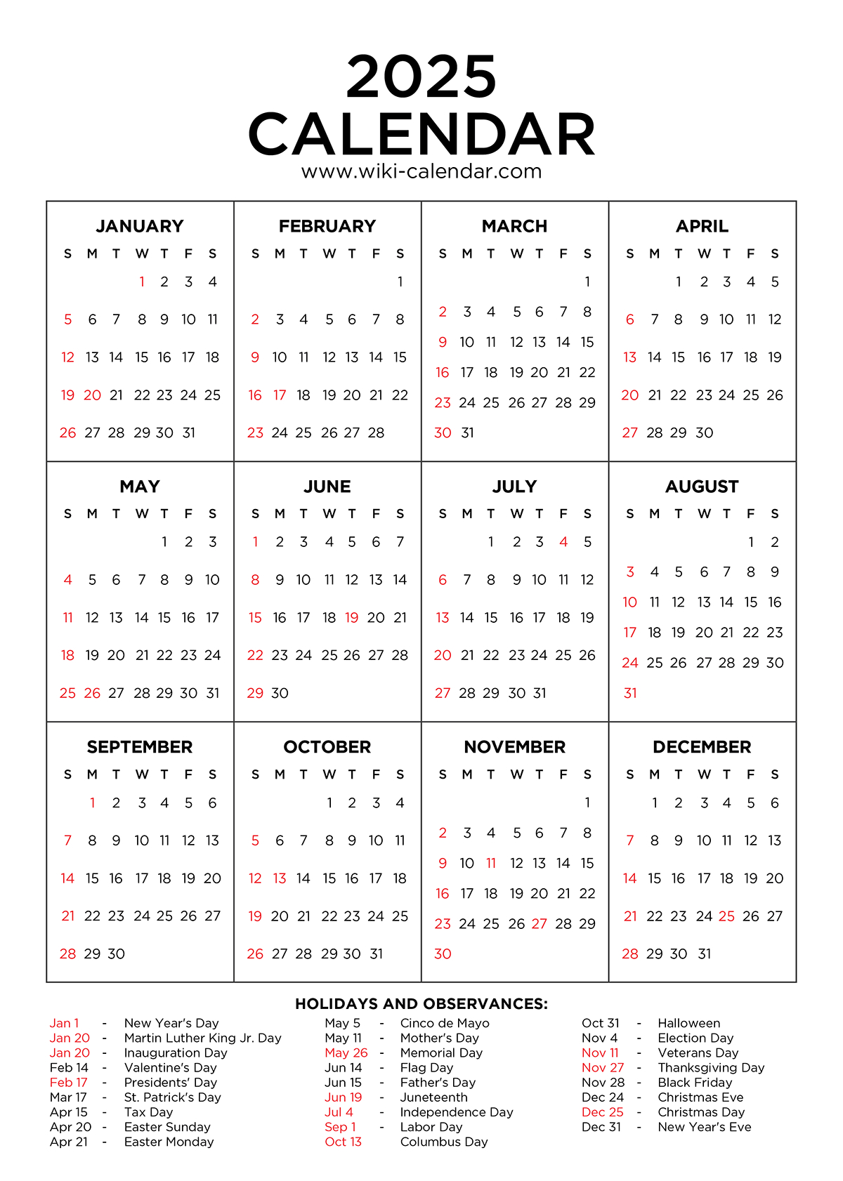 Year 2025 Calendar Printable With Holidays - Wiki Calendar within National Day Calendar 2025 Printable Free Download