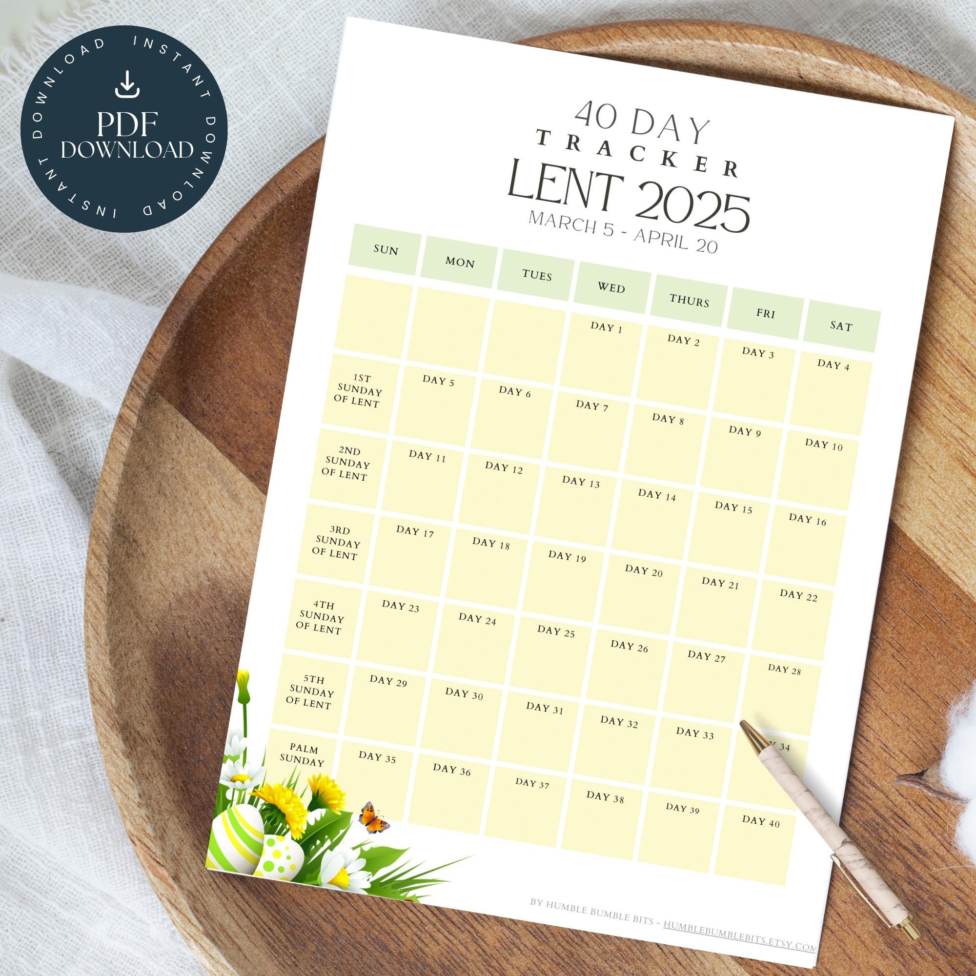Yellow Lent Calendar | 2025 Lent Tracker | 40 Day Lenten Calendar within Lent Calendar 2025 Printable