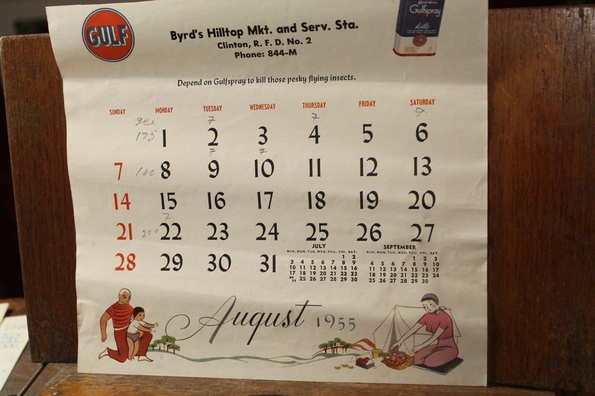 1955 Calendar Page Gulf Oil Byrd&amp;#039;S Hilltop Service Station Clinton Tn August with regard to Gulf Mobile Ohio 2025 Calendar Printable