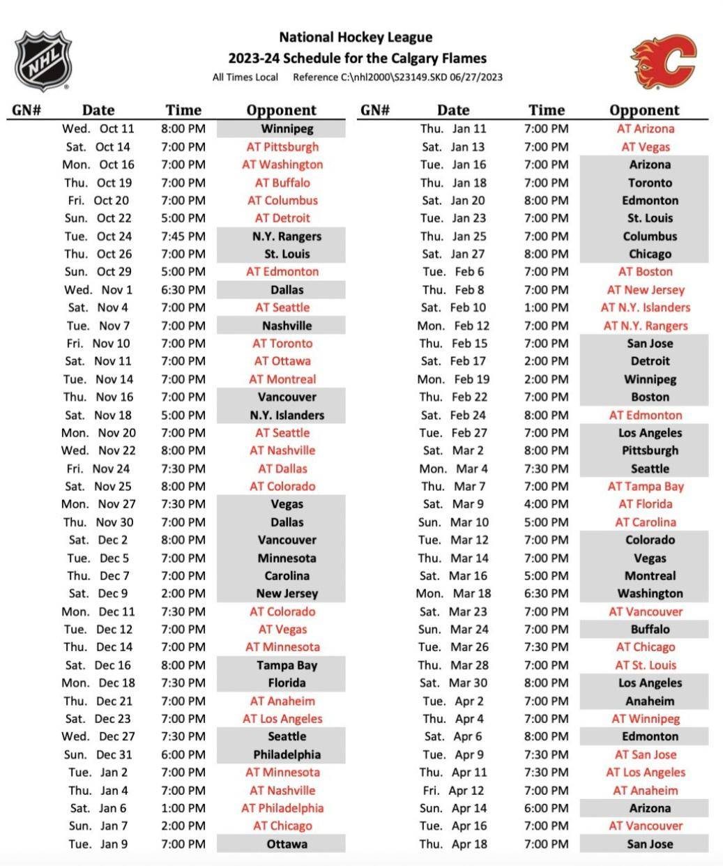 2023 - 2024 Flames Schedule : R/Calgaryflames for Nhl Calgary Flames 2025 Calendar Printable