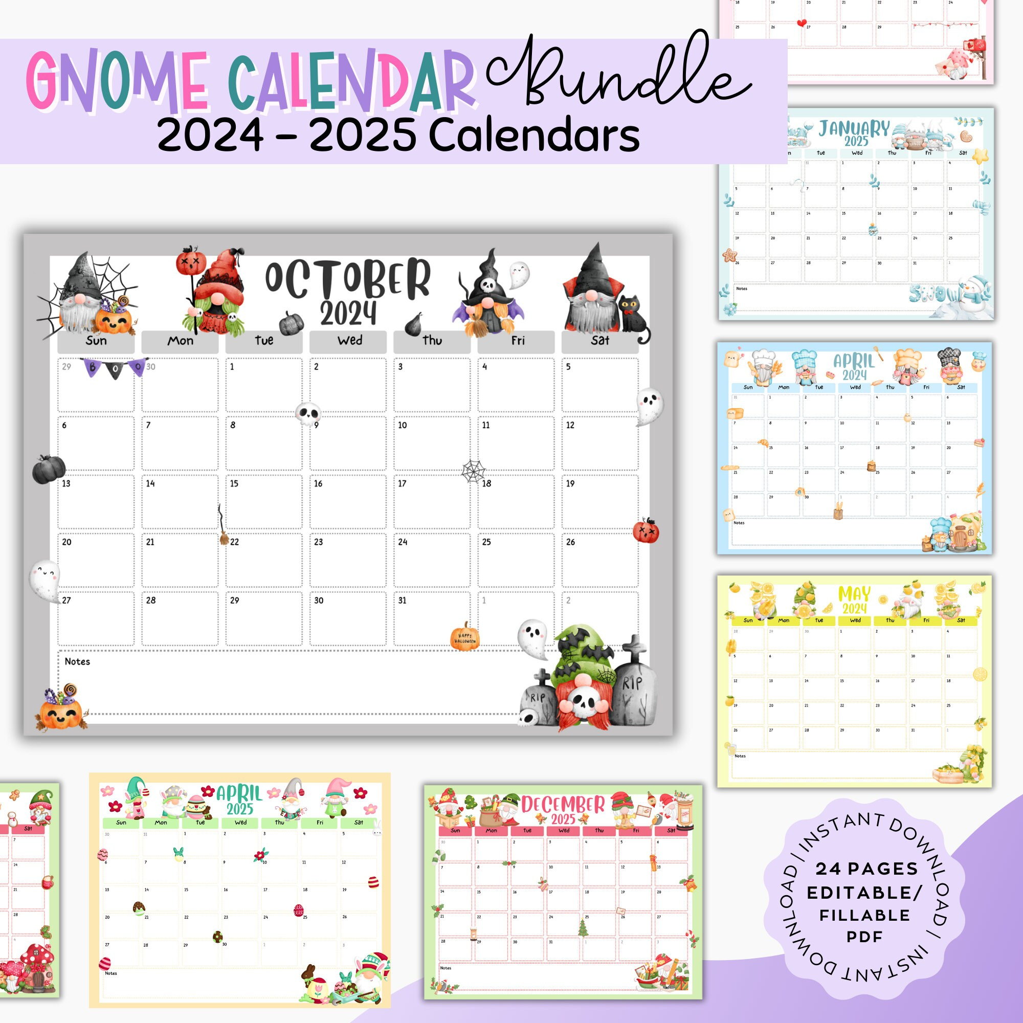 2024-2025 Gnome Calendar Bundle, Editable/Fillable Gnome Themed with Gnome Life 2025 Calendar Printable