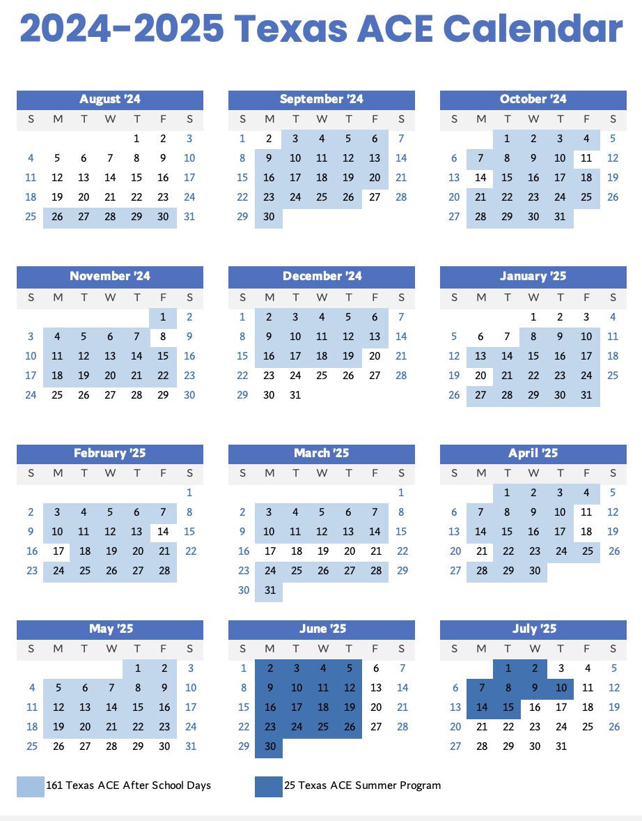 2024-2025 Texas Ace Calendar – Texas Ace (Afterschool Centers On pertaining to Texas 2025 Calendar Printable