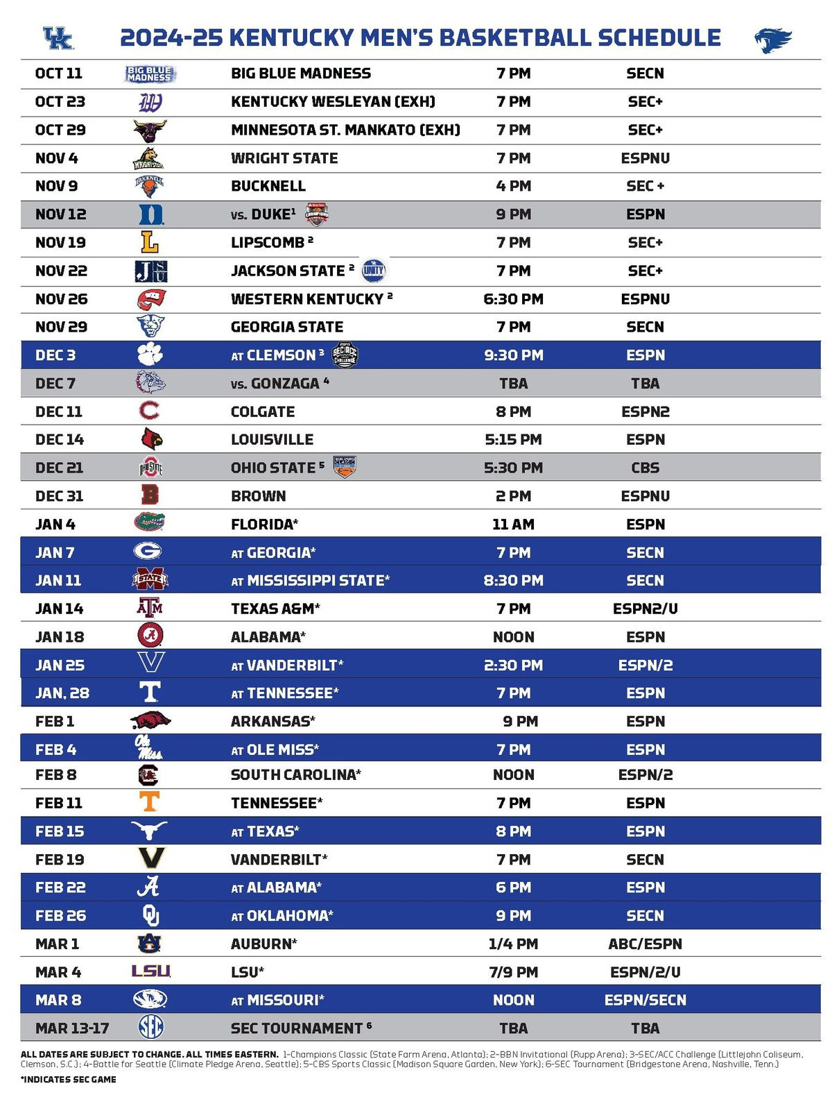 2024-25 Kentucky Basketball Schedule, Times, Tv Channels And More within Col Kentucky Wildcats 2025 Calendar Printable