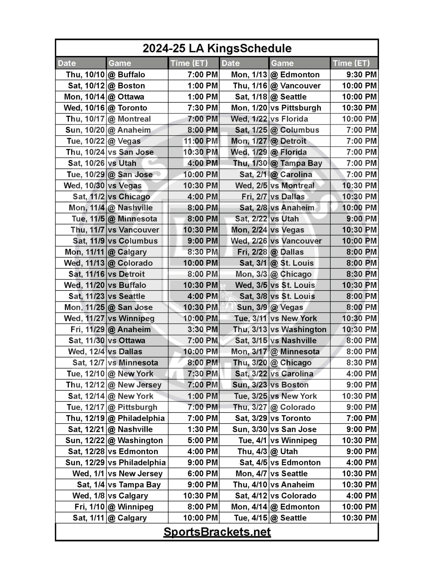 2024-25 La Kings Schedule; Printable, Pdf Format - Sports Brackets inside NHL Los Angeles Kings 2025 Calendar Printable