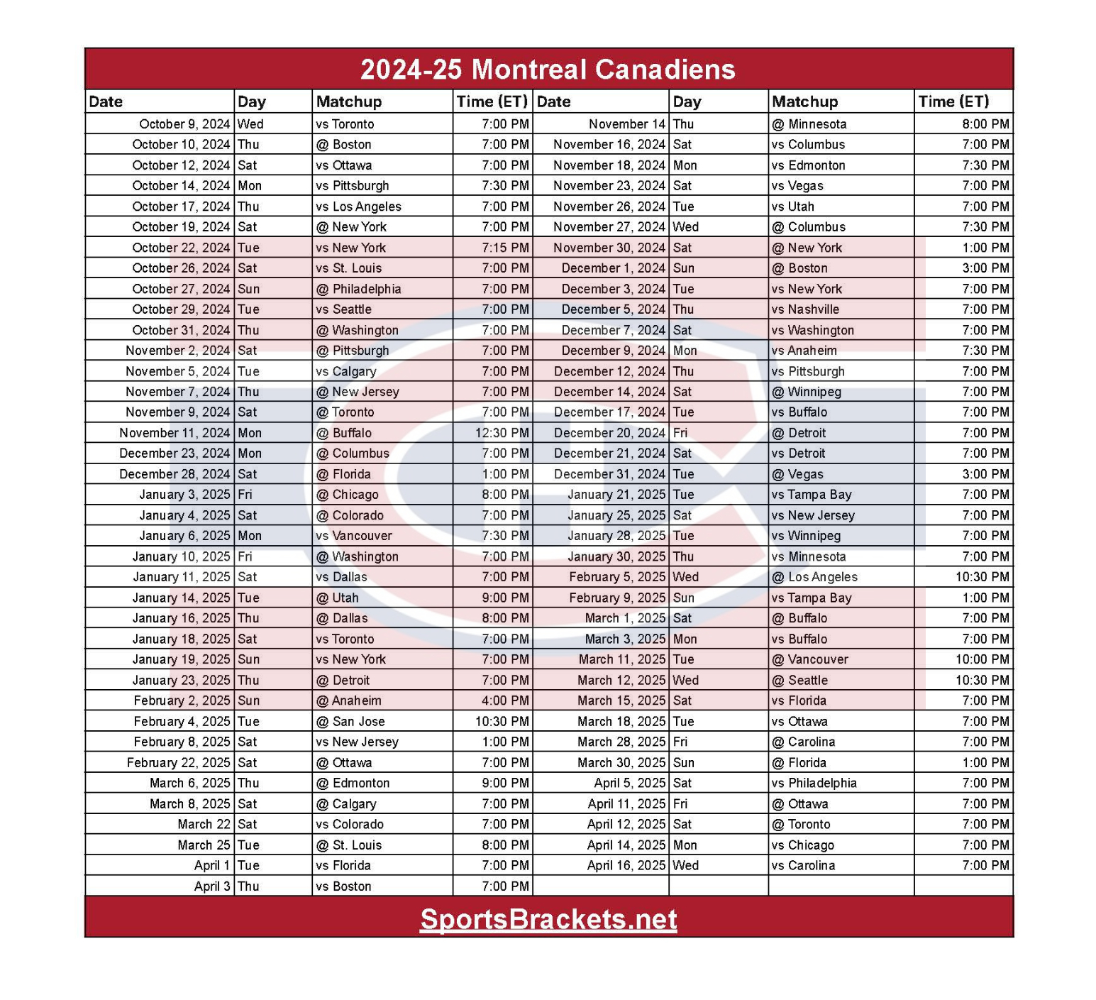 2024-25 Montreal Canadiens Schedule; Printable, Pdf Format in NHL Montreal Canadiens 2025 Calendar Printable