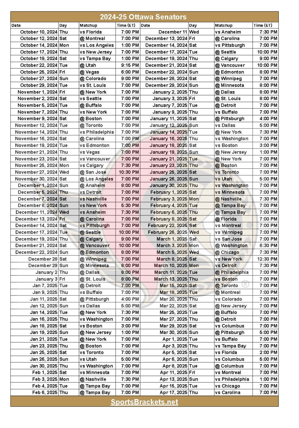 2024-25 Ottawa Senators Schedule; Printable, Pdf Format - Sports inside Nhl Ottawa Senators 2025 Calendar Printable