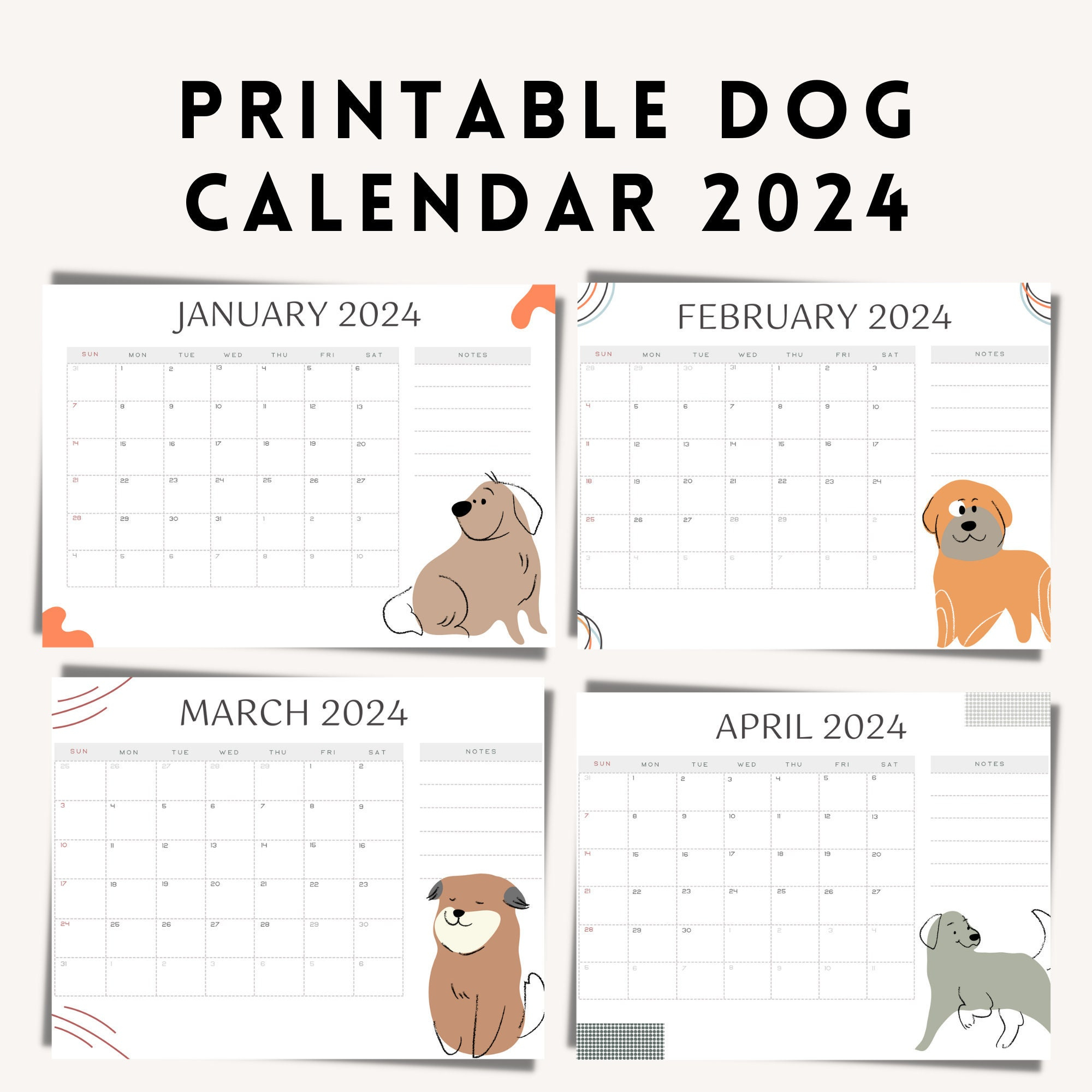 2024 Printable Dog Calendar Landscape | Minimalist Monthly Calendar 2024 Printable | Dog Lover Gift Idea | A4 Sunday Start for Doggy Want A Treat 2025 Calendar Printable