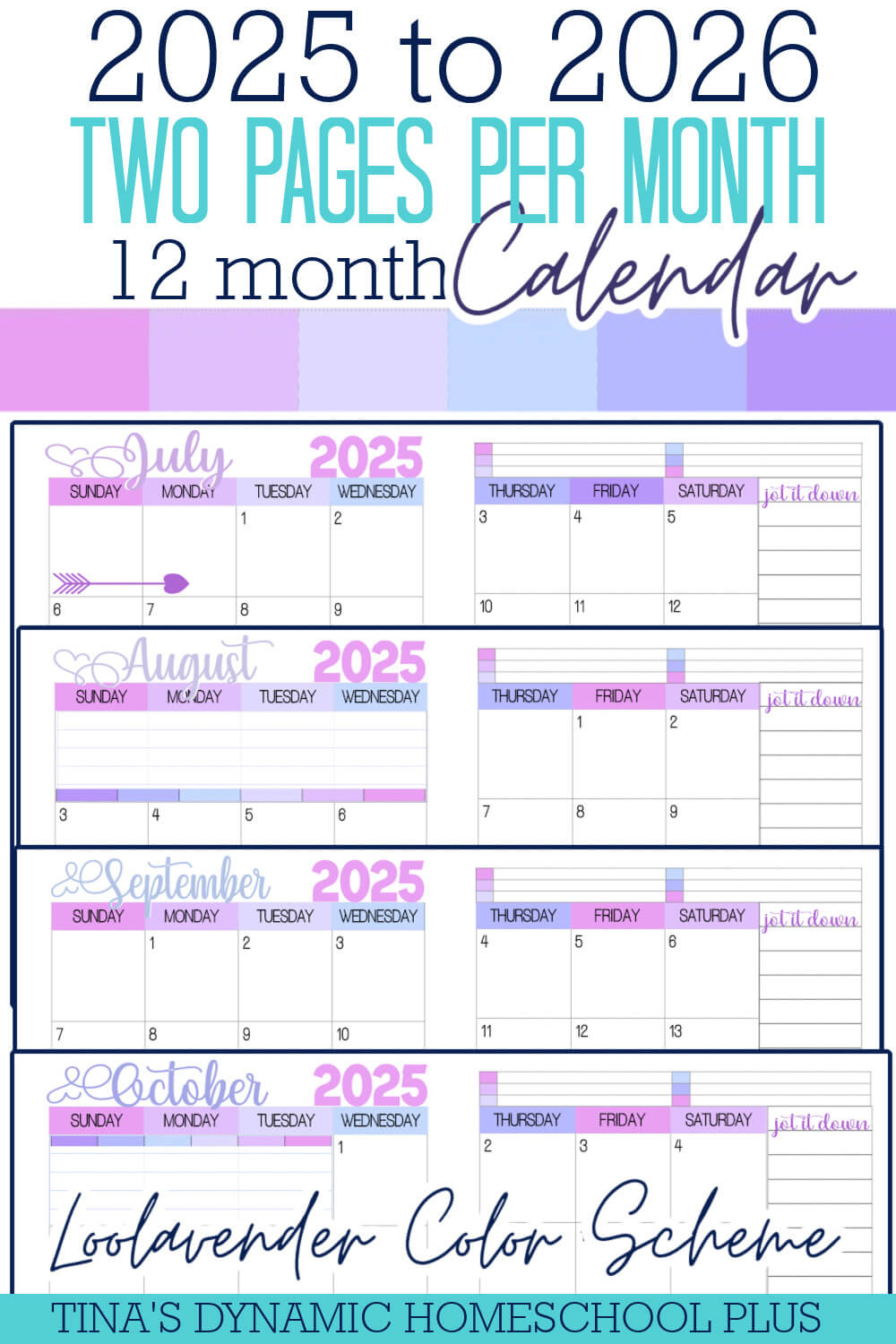 2025-2026 Two Pages Per Month Calendar – Loolavender Color with regard to Fowl Language 2025 Calendar Printable