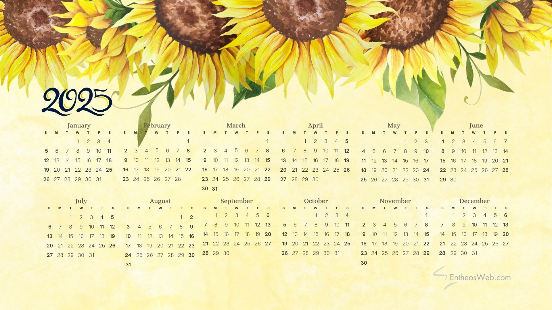2025 Calendar Desktop Wallpaper And Pdf Printables | Entheosweb inside Sunflowers 2025 Calendar Printable
