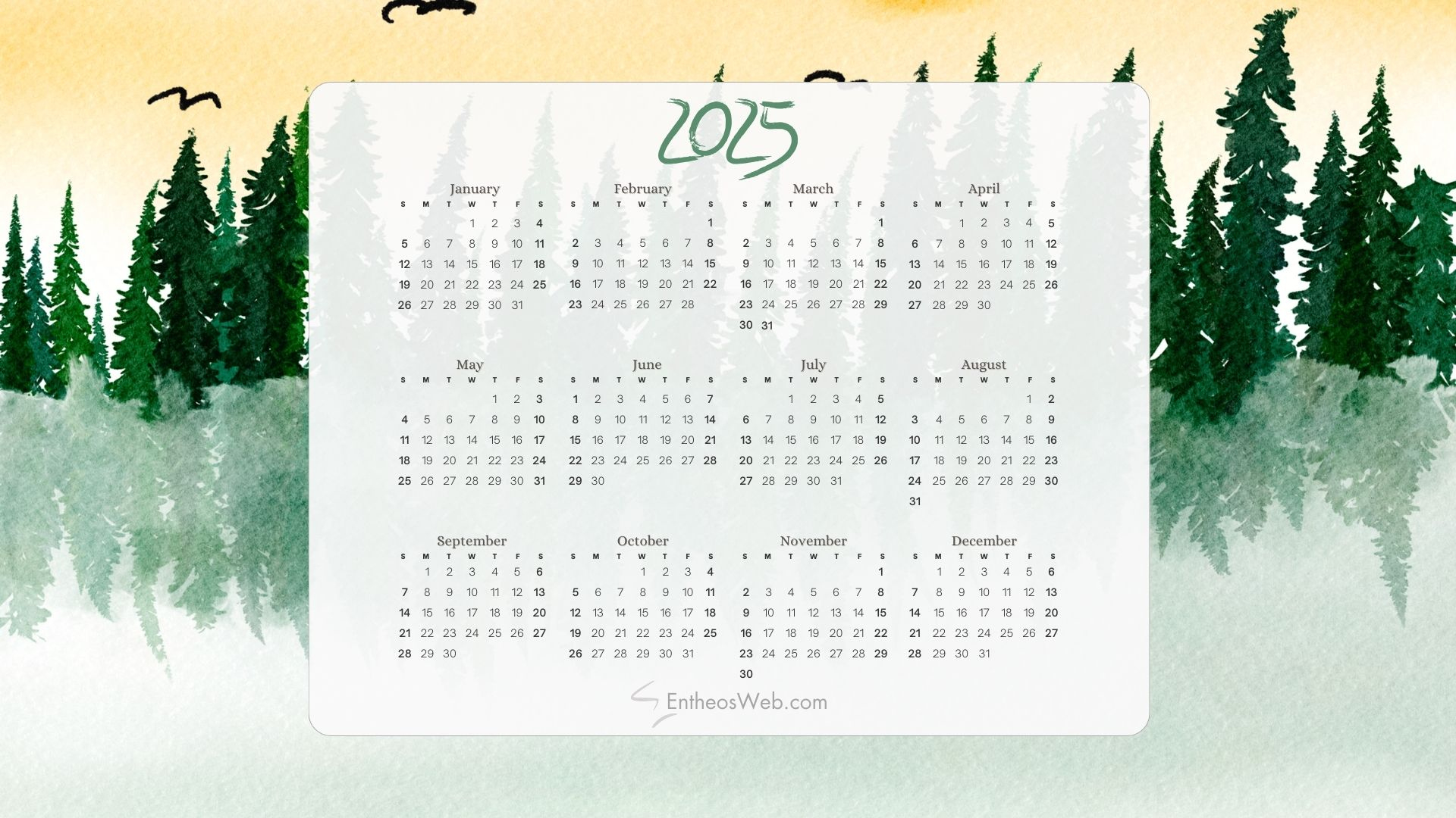 2025 Calendar Desktop Wallpaper And Pdf Printables | Entheosweb pertaining to Trees 2025 Calendar Printable