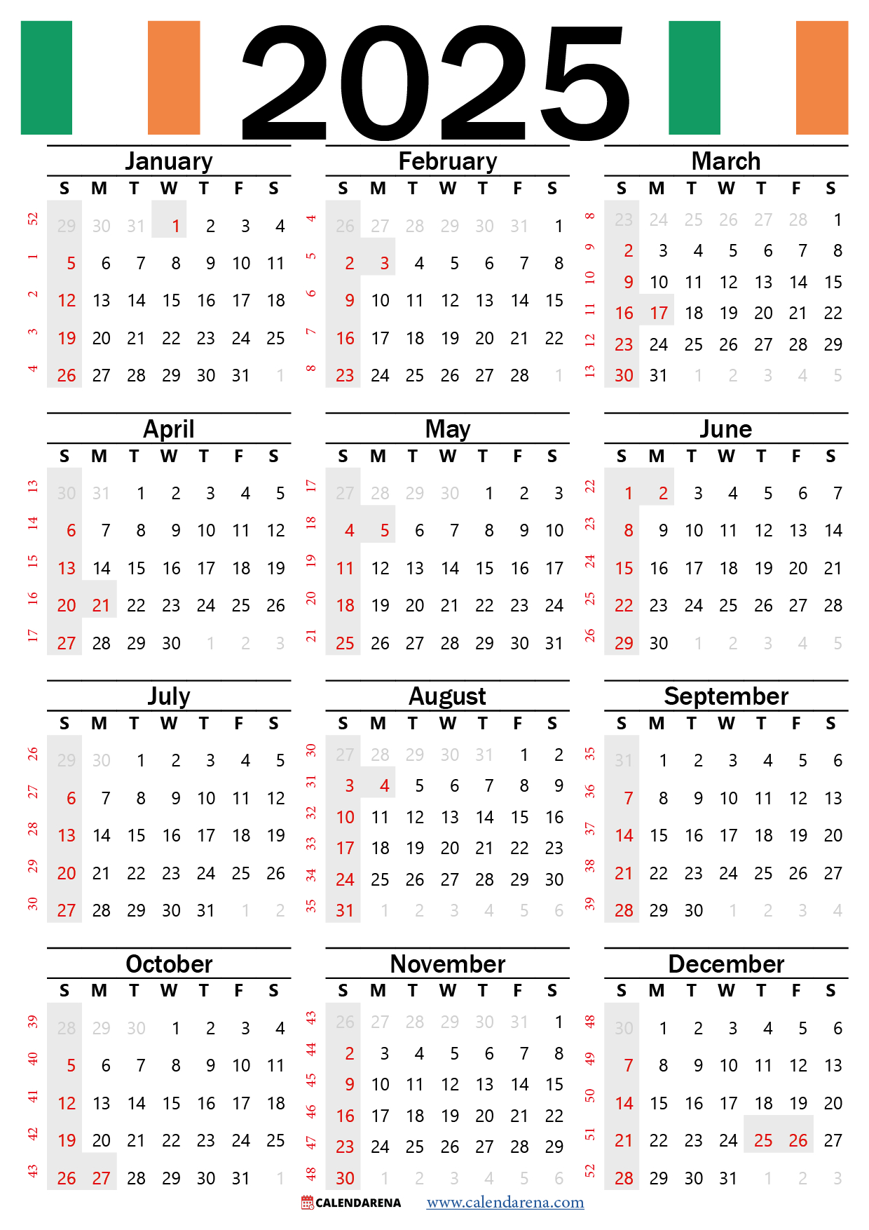 2025 Calendar Ireland With Holidays for Ireland 2025 Calendar Printable
