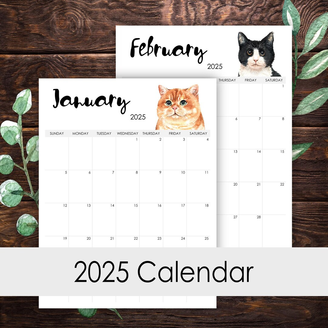 2025 Calendar Printable 12 Months Vertical Layout Watercolor Cats in Cats Photo 2025 Calendar Printable