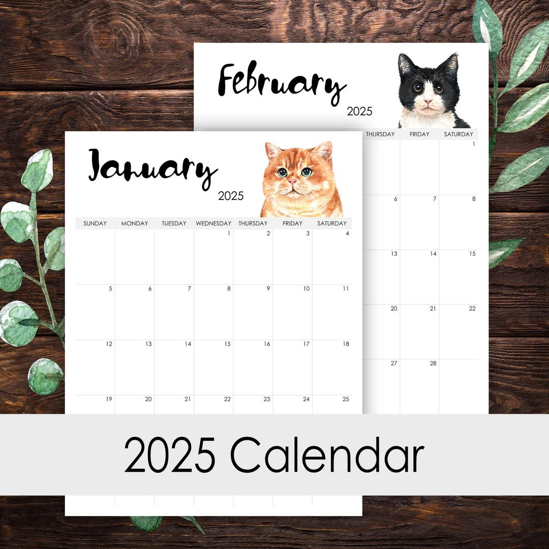 2025 Calendar Printable 12 Months Vertical Layout Watercolor Cats with Cats 2025 Calendar Printable