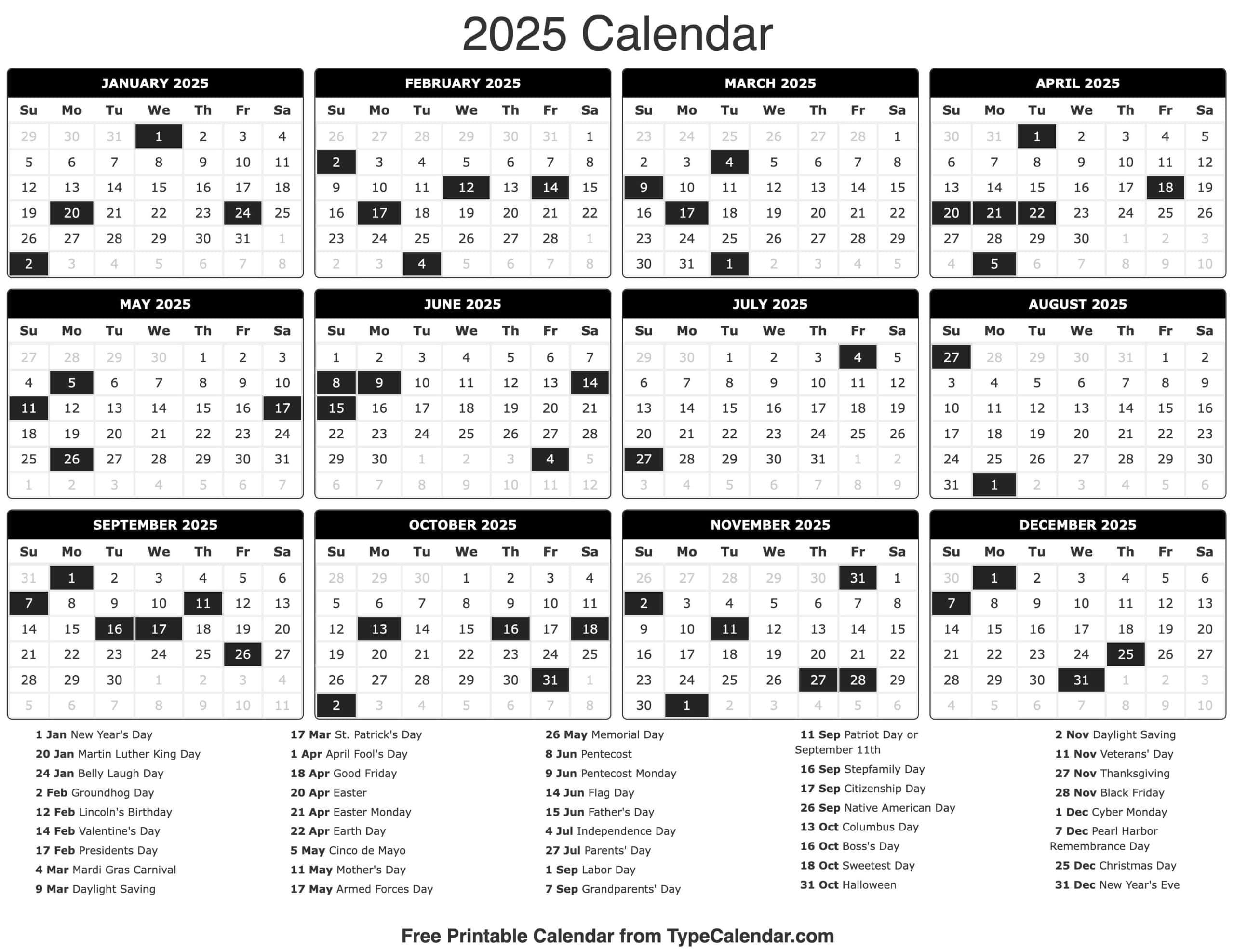 2025 Calendar - Printable Calendar 2025 With Holidays with regard to Bygone Days 2025 Calendar Printable