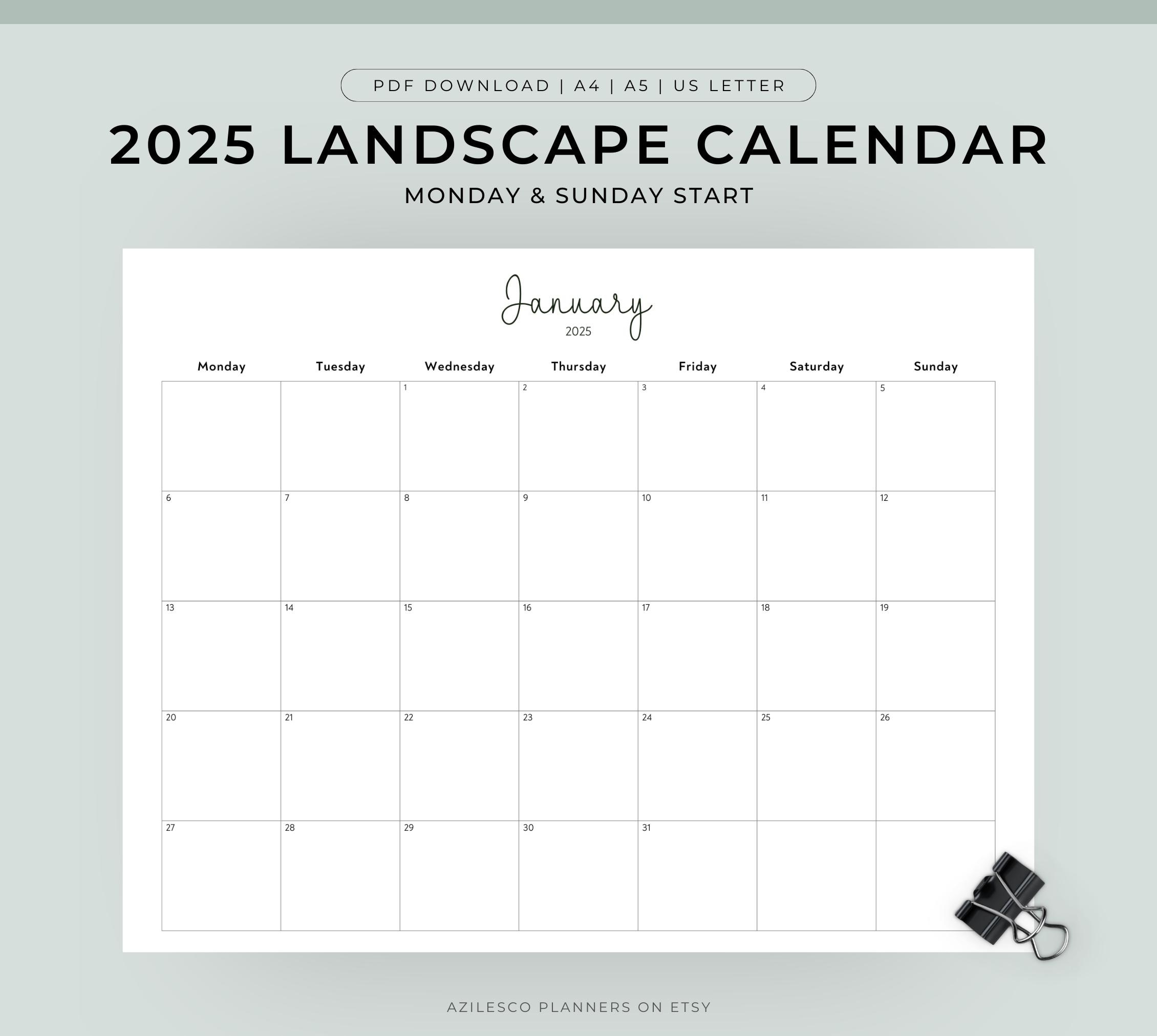 2025 Calendar Printable Landscape, Minimalist Monthly Calendar in Landscapes 2025 Calendar Printable