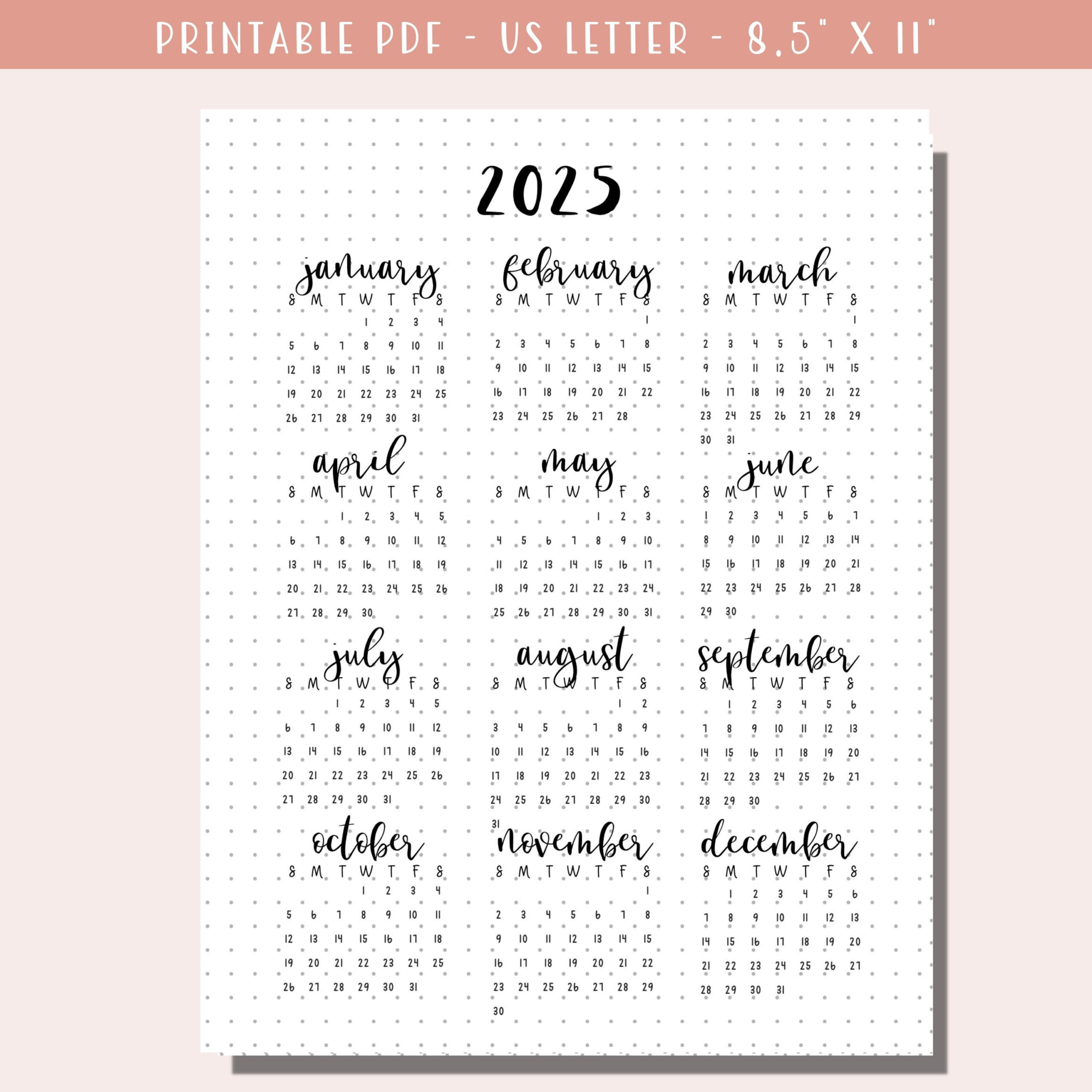 2025 Calendar Printable Planner 2025 / Dotted Bullet Journal Page for Bathroom Reader 2025 Calendar Printable