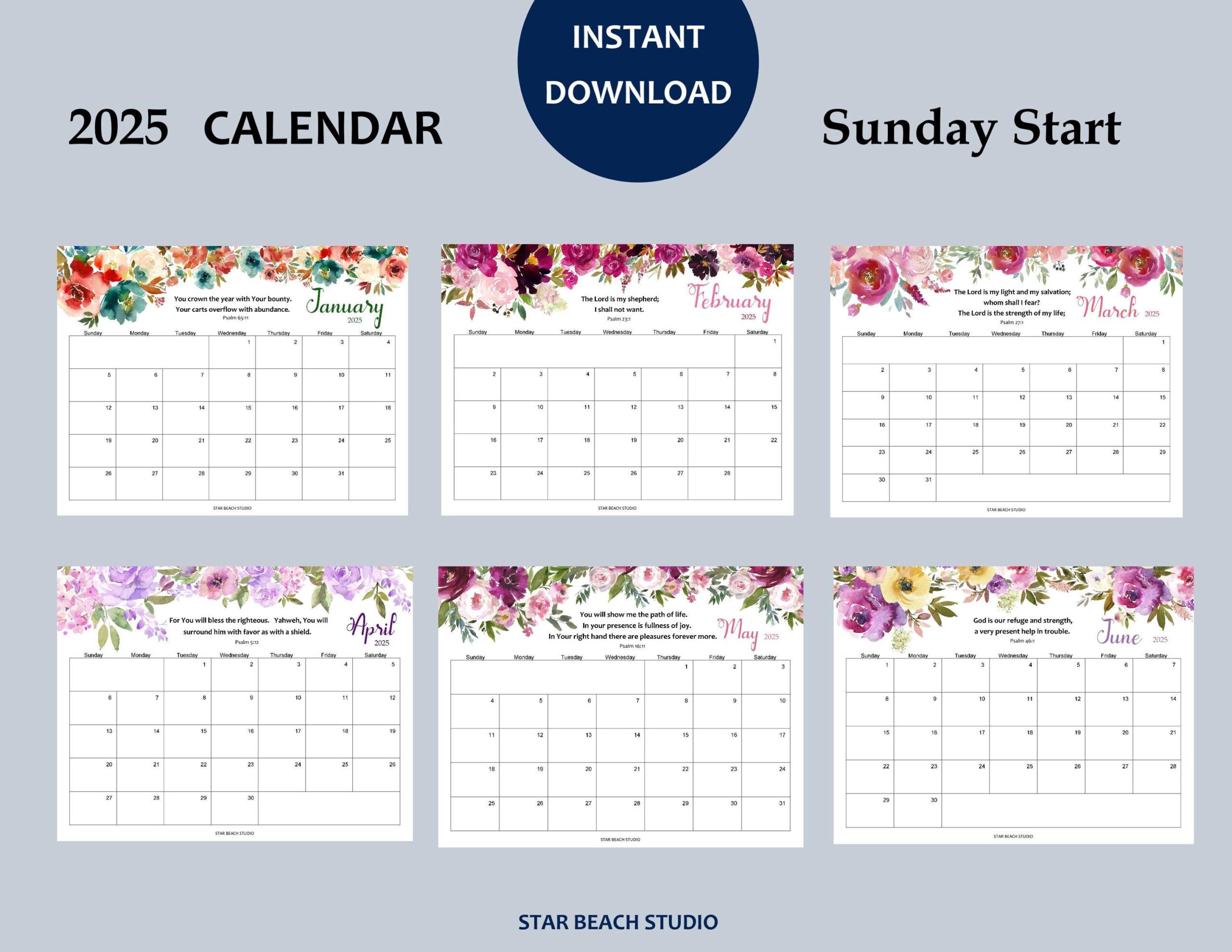 2025 Calendar Printable, Psalms Bible Verse Floral Monthly Planner in Psalms 2025 Calendar Printable