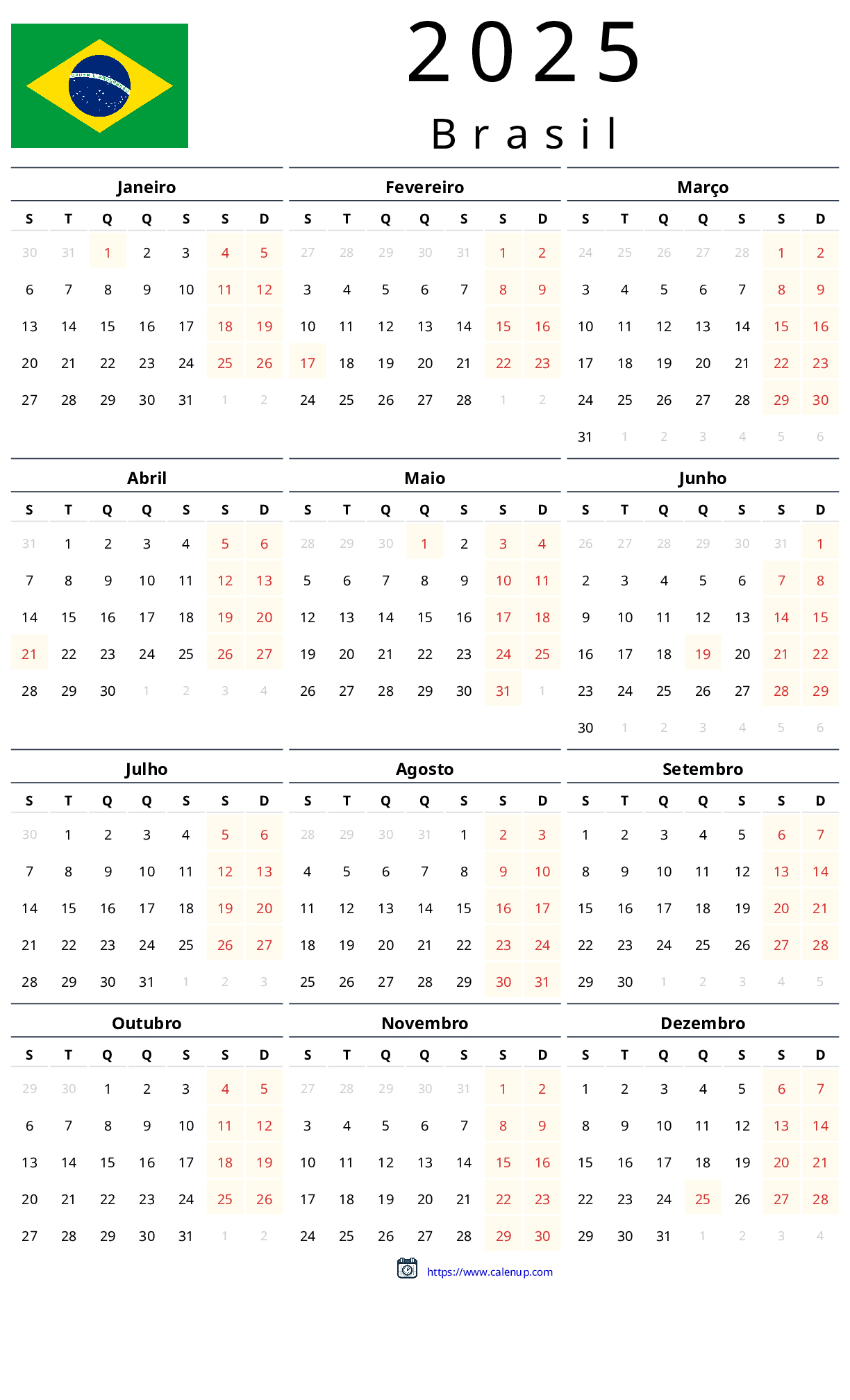 2025 Calendar Printable With Holidays For Brazil | Calenup for All Country 2025 Calendar Printable
