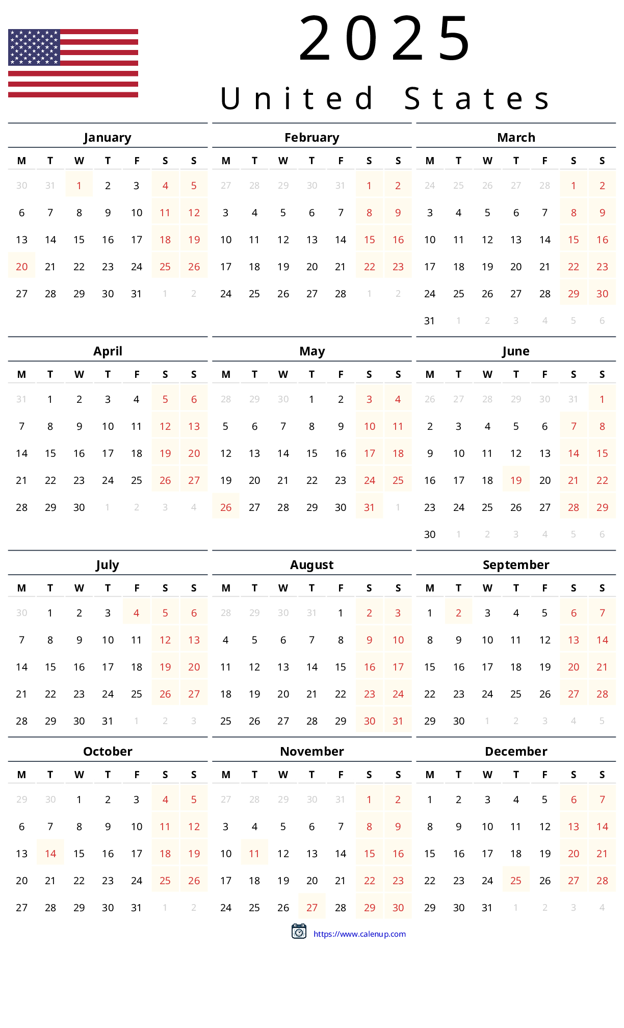 2025 Calendar Printable With Holidays For United States | Calenup throughout All Country 2025 Calendar Printable