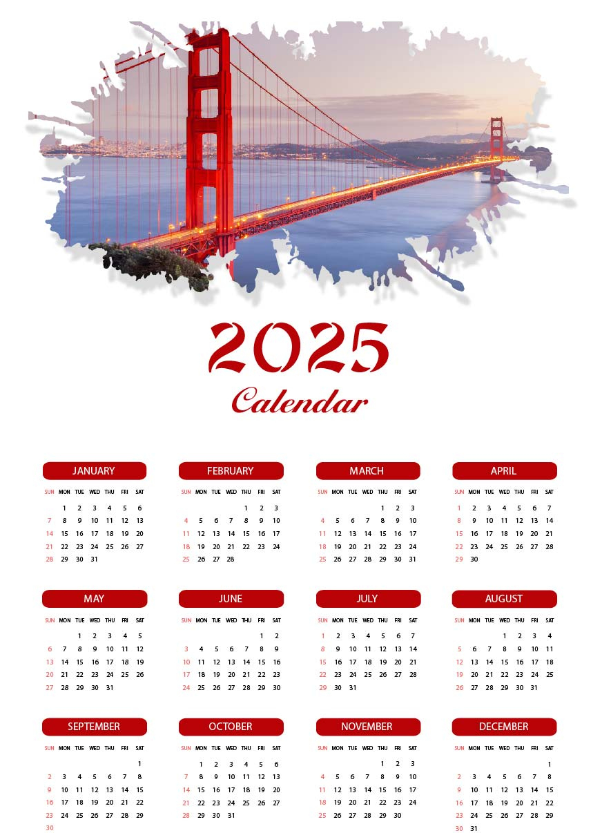 2025 Calendar San Francisco Golden Gate Bridge Vinyl Sticker/ Printed Vinyl Decal in San Francisco 2025 Calendar Printable
