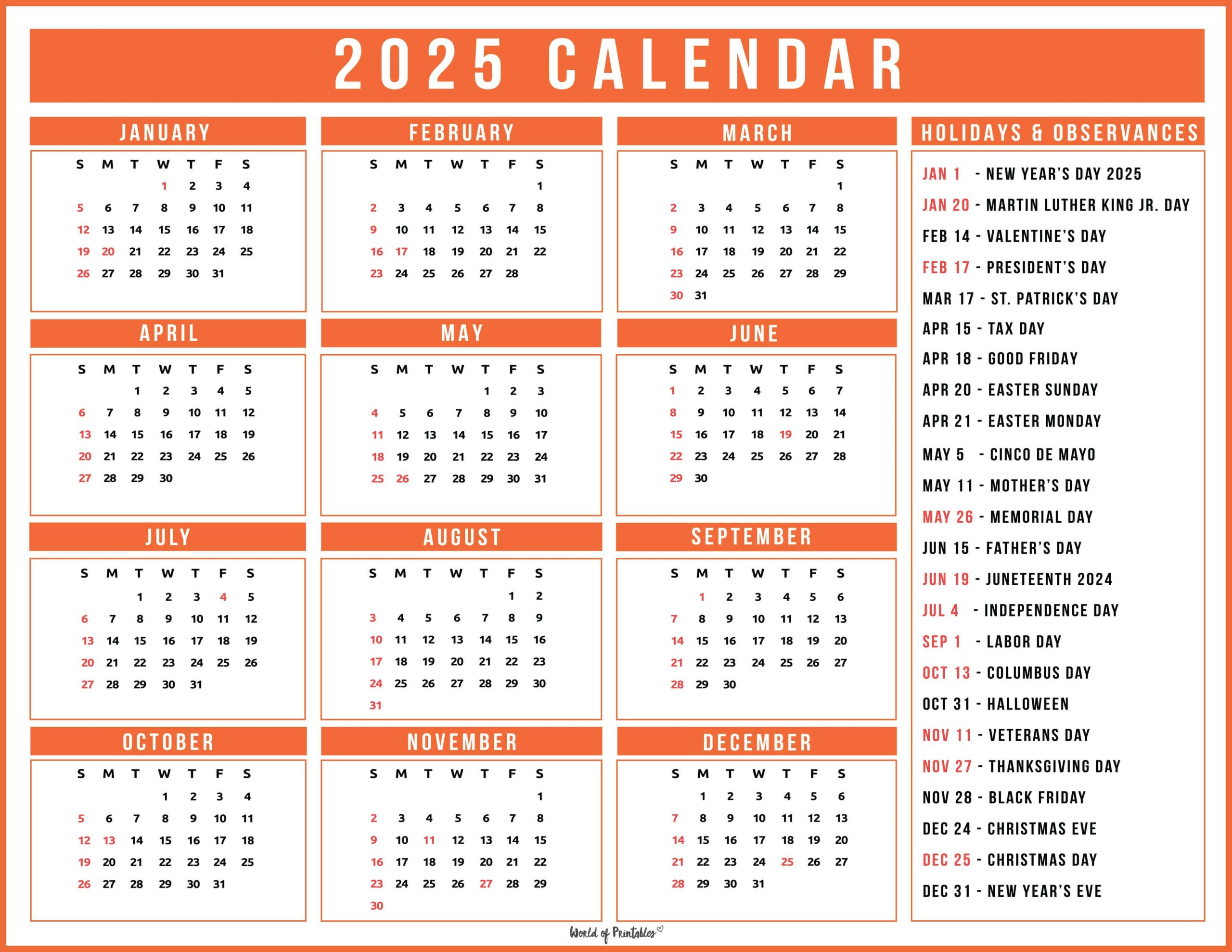 2025 Calendar With Holidays - Free Printables In 28 Unique Styles with Waterfalls Special Value 2025 Calendar Printable