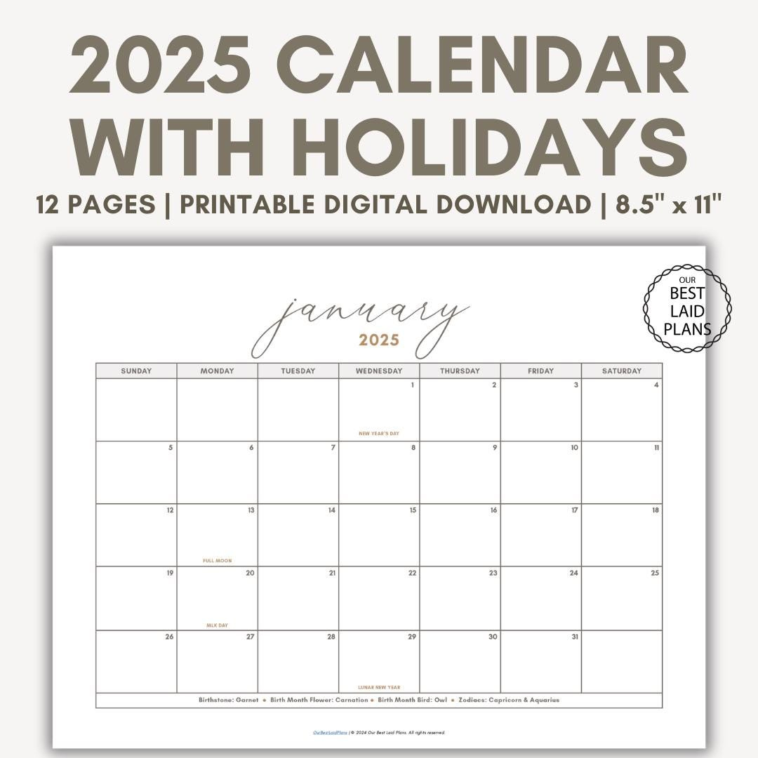 2025 Calendar With Holidays Printable 2025 Calendar With Holidays with Racks 2025 Calendar Printable