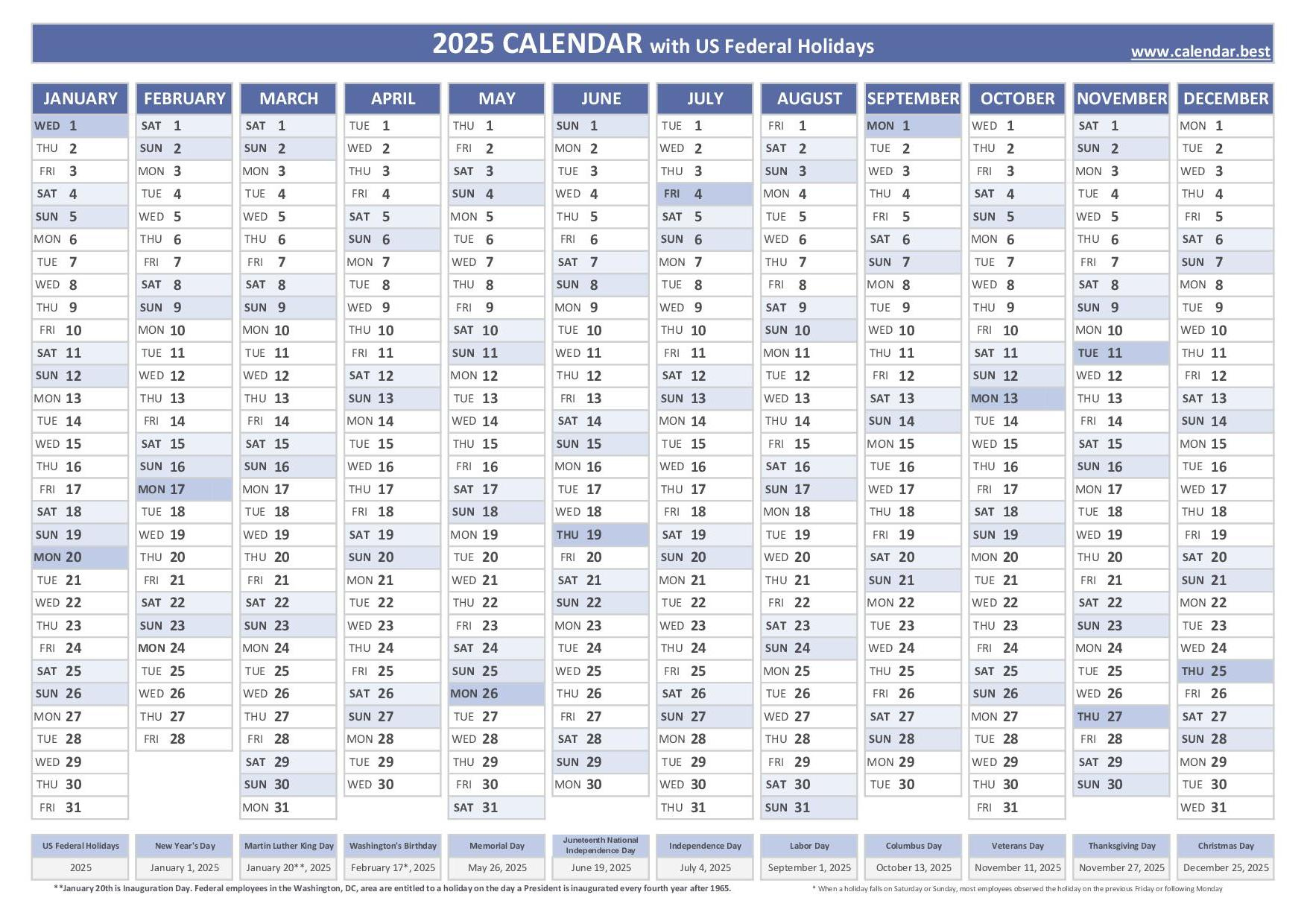 2025 Calendar With Holidays (Us Federal Holidays) pertaining to Washington Dc 2025 Calendar Printable