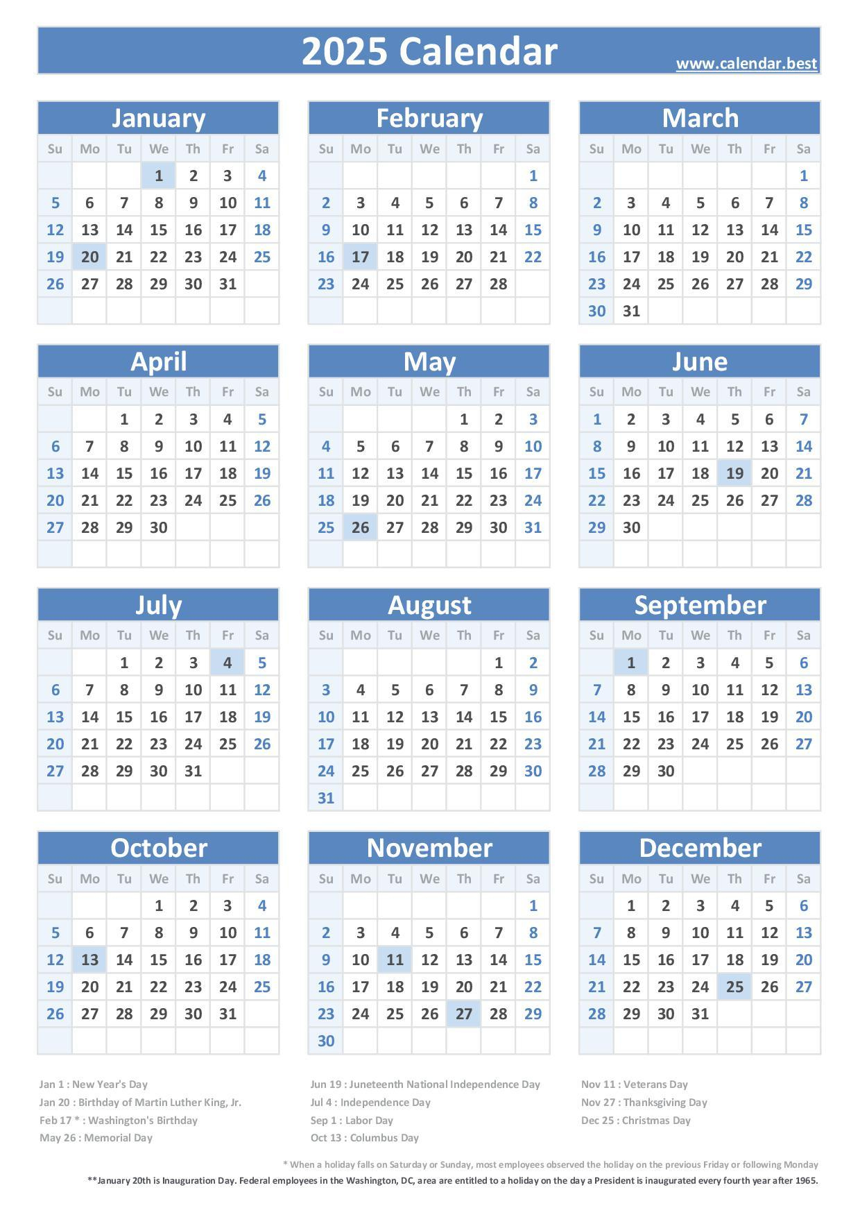 2025 Calendar With Holidays (Us Federal Holidays) within Washington Dc 2025 Calendar Printable