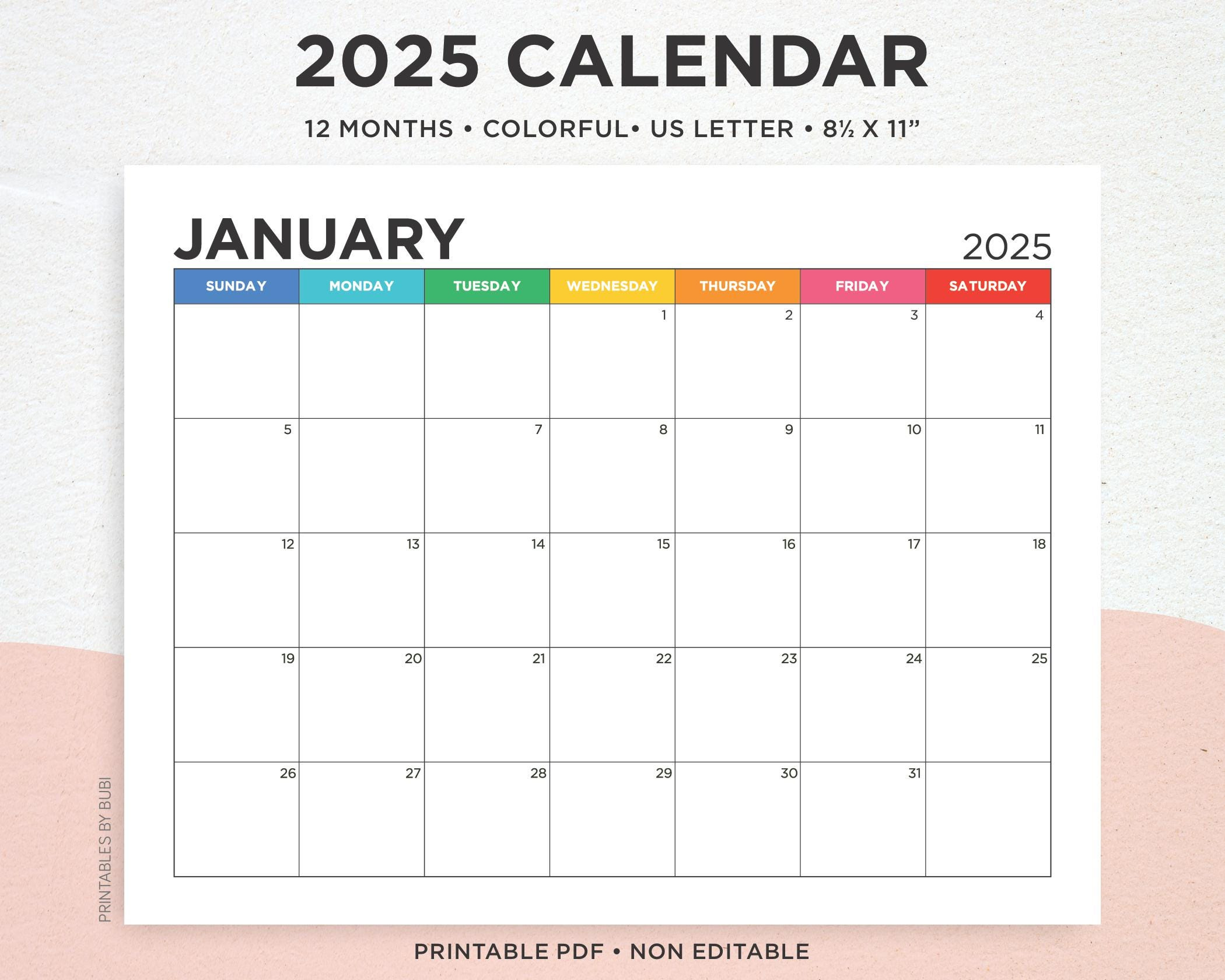 2025 Colorful Calendar Printable, 12 Month Printable Calendar, Pdf with regard to Street Art Square 2025 Calendar Printable