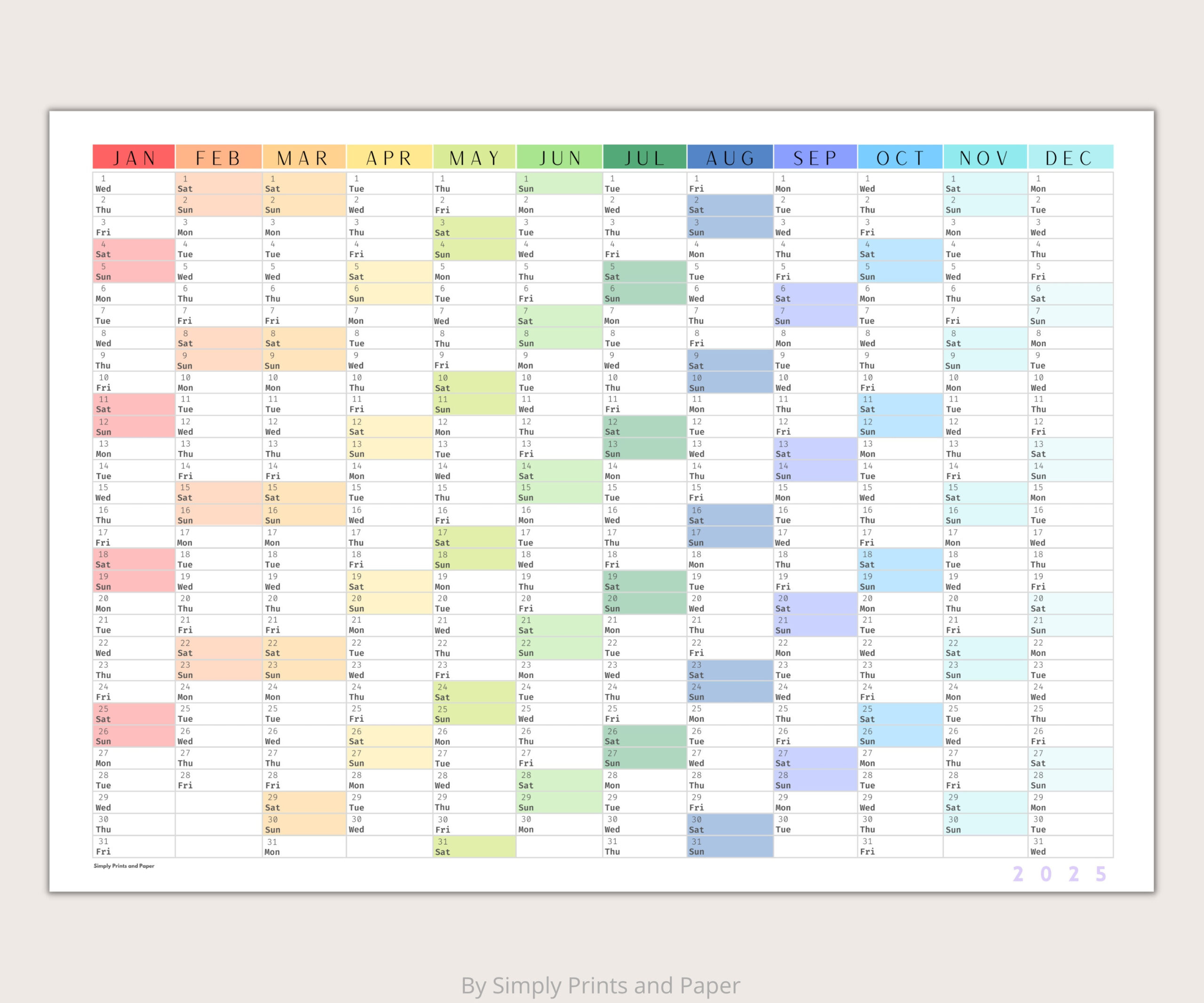 2025 Colorful Wall Calendar | Printable Yearly Planner | Large with Pennsylvania 2025 Calendar Printable
