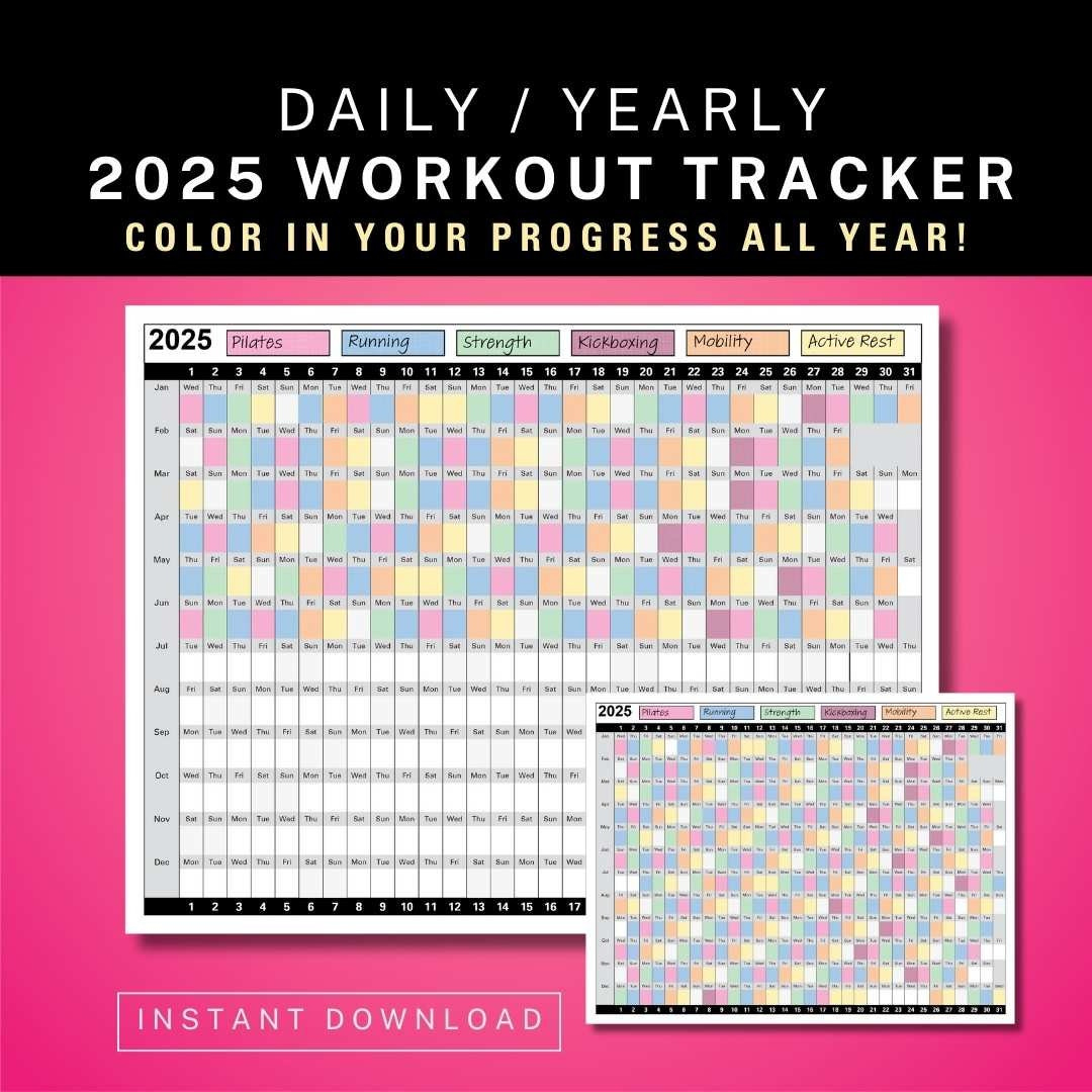2025 Daily Yearly Workout Tracker Calendar, Coloring Exercise Log inside Pilates 2025 Calendar Printable