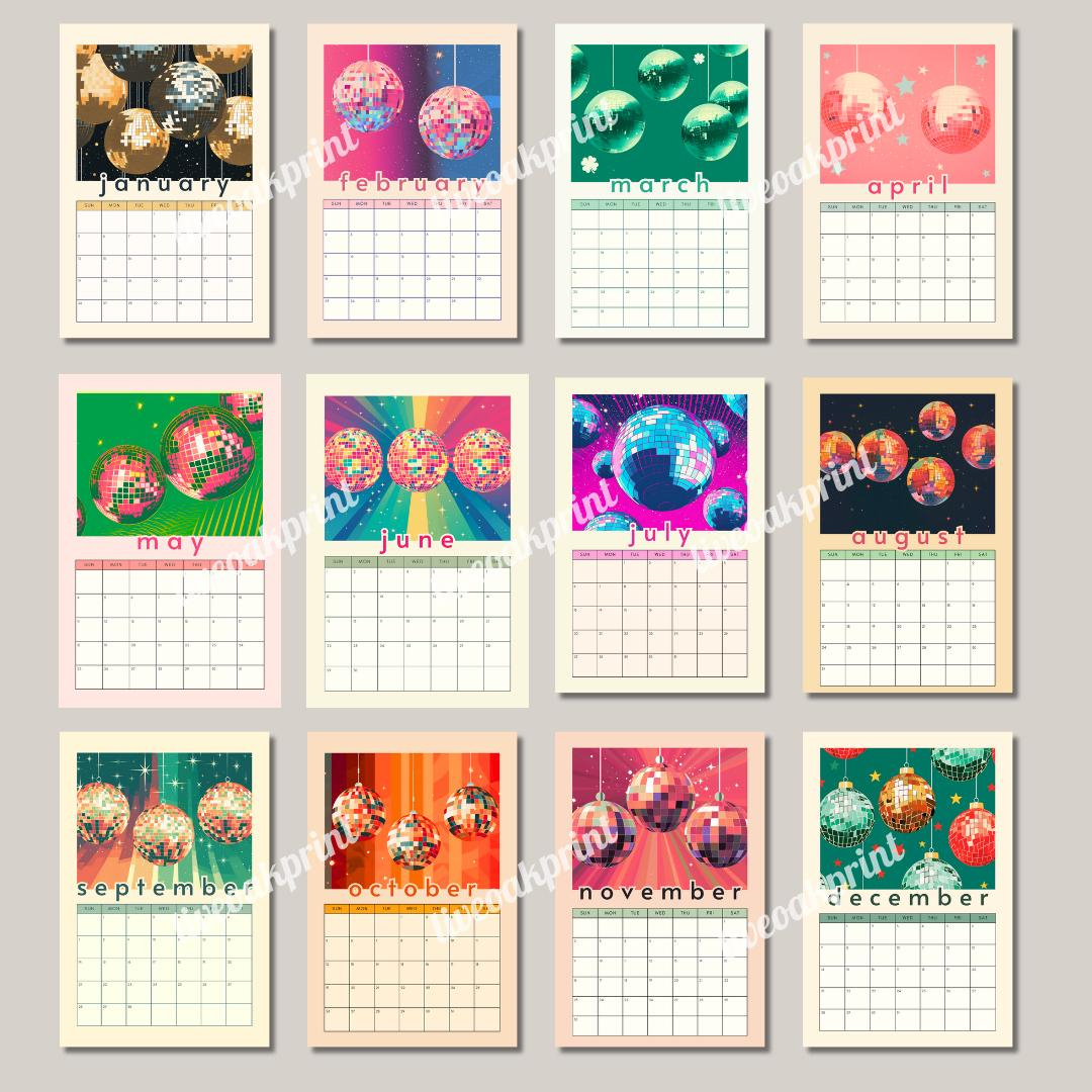 2025 Disco Calendar | 2025 Colorful Calendar | Disco Ball Gift with Fantasia Art 2025 Calendar Printable