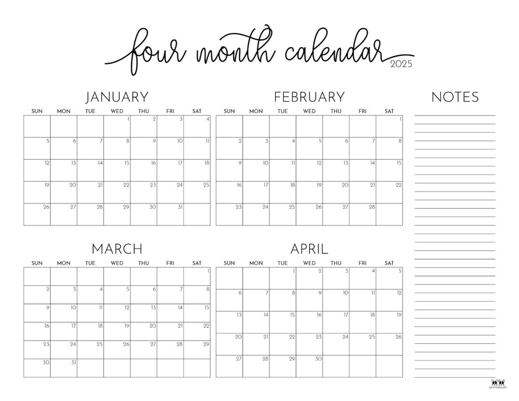 2025 Four Month Calendars - 31 Free Printables | Printabulls within Bygone Days 2025 Calendar Printable