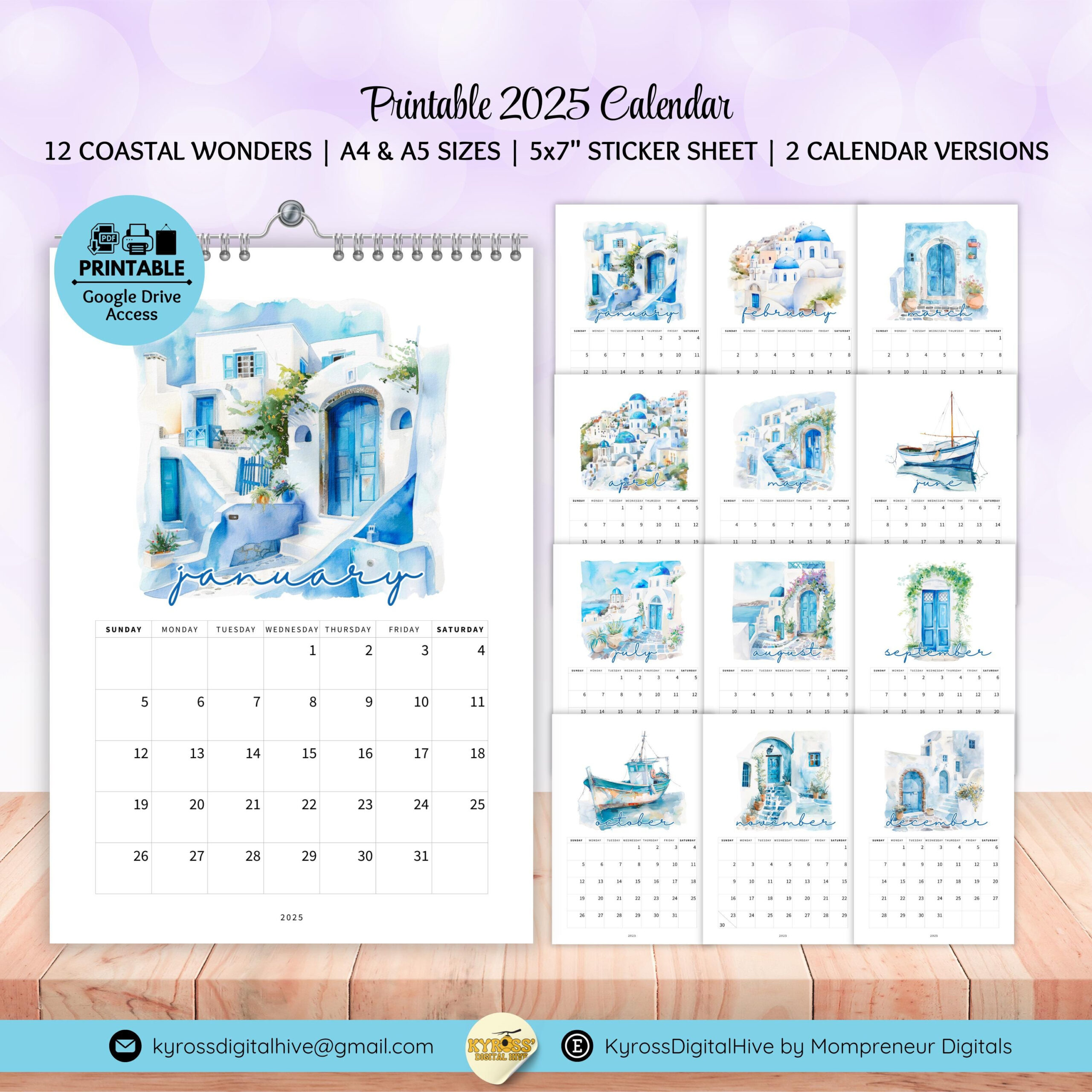 2025 Illustrated Mediterranean Calendar | Printable Aesthetic 2025 for Mediterranean 2025 Calendar Printable